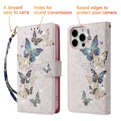 UEEBAI Wallet Case for iPhone 15 Pro Max, PU Leather Phone Cover Kickstand RFID Blocking Flip Case Card Slots Wrist Strap Relief Engraved Pattern Magnetic Closure Flower Folio Wallet, Blue Butterfly