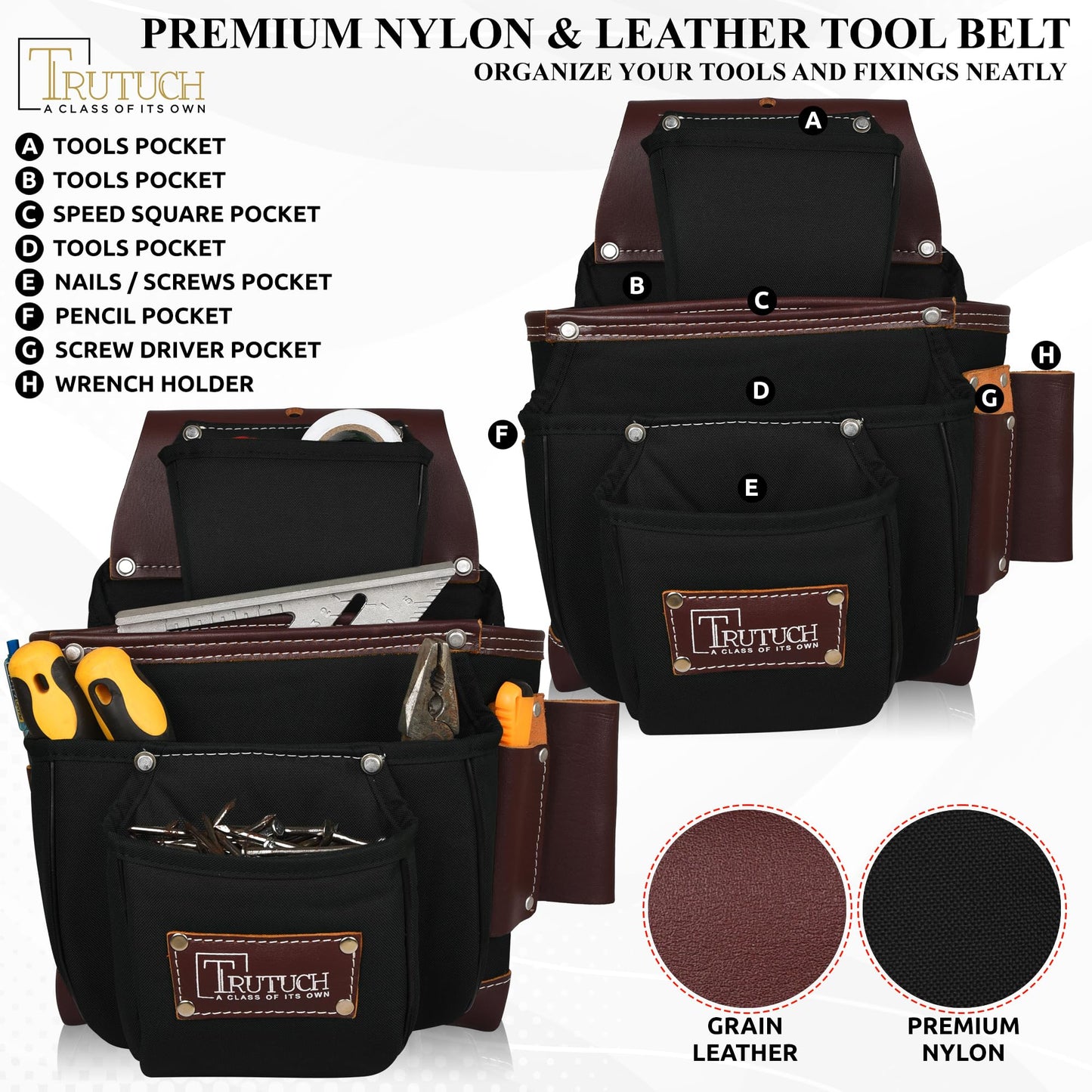 TRUTUCH Nylon and Leather Tool Belt | Framing Tool Bags | Nylon Tool Pouch | Carpenter Tool Belts | Construction | Framers | Electrician Tool Belt (Black)