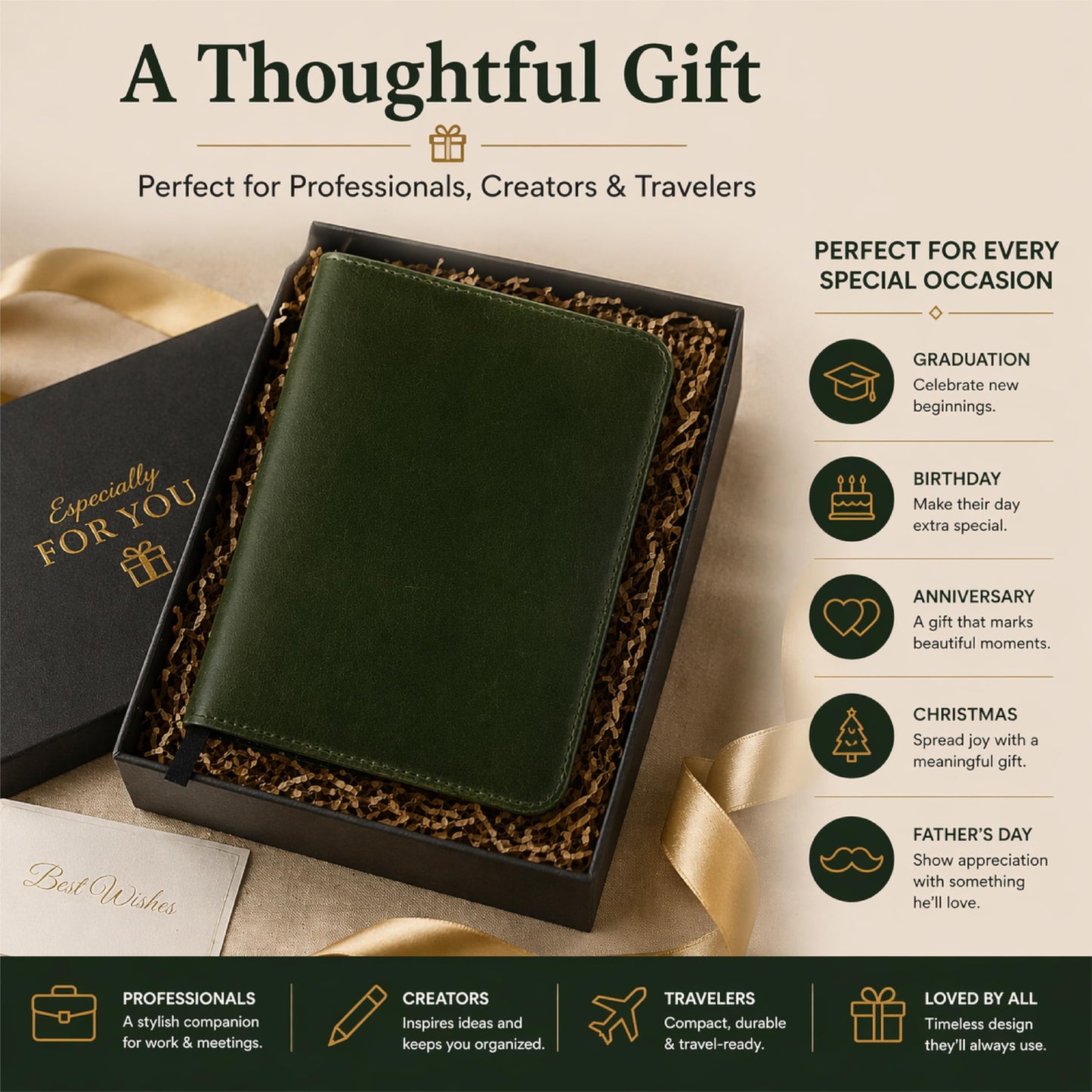 TheAntiq Premium Leather Journal Cover A5 – Handmade Refillable Notebook Cover Sleeve with Pen Holder for Writing, Travel & Business Use 5.75 x 8.25 (Green)