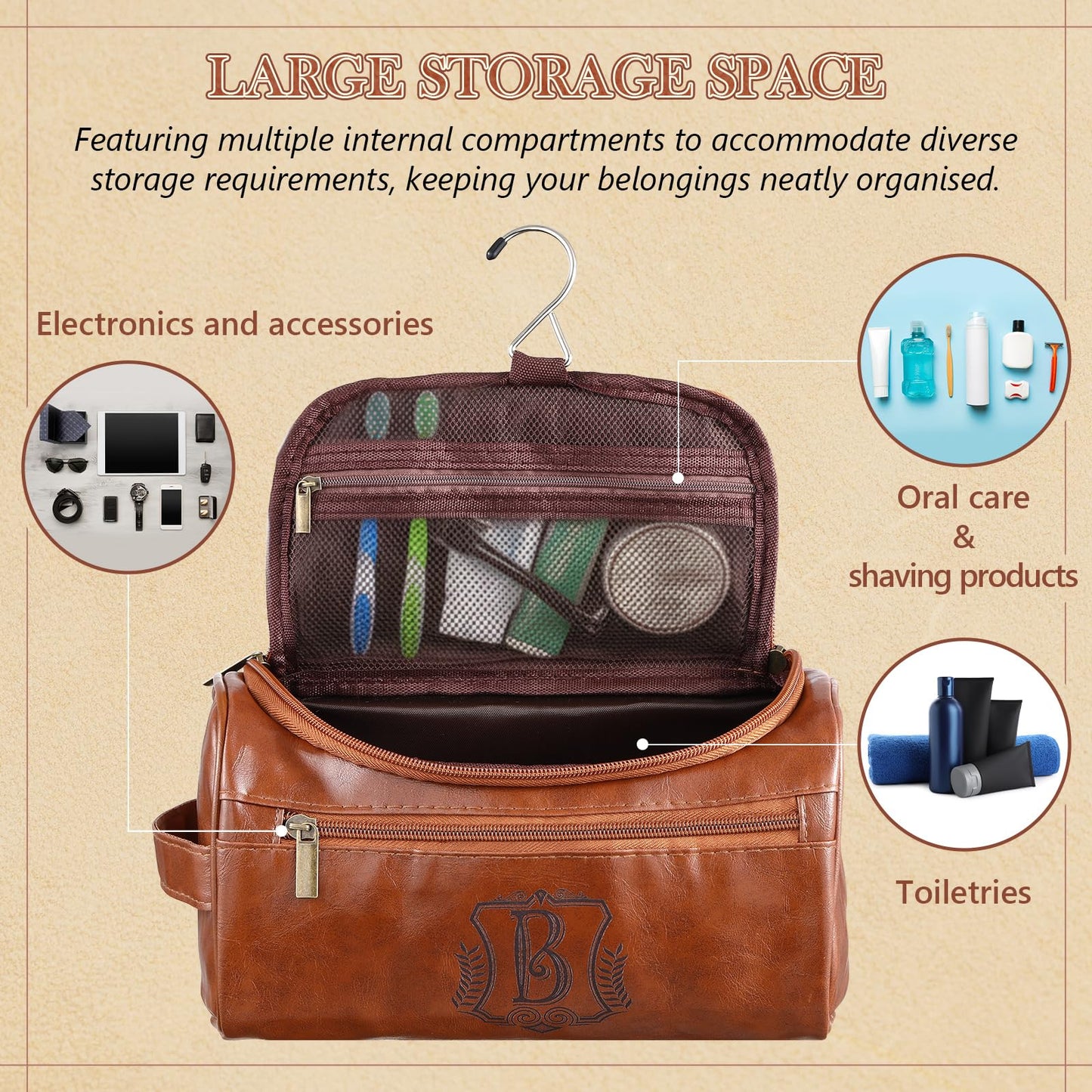 Sadnyy Father's Day Personalized Leather Toiletry Bag for Men Initial Travel Bag with Hook Monogrammed Toiletry Pouch Leather Travel Bathroom Kit with Side Handle for Anniversary Birthday Gifts(B)