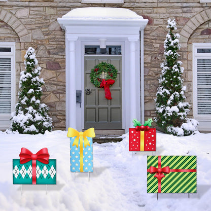 Christmas Yard Sign Decorations Outdoor Christmas Four Gift Boxes Yard Signs with Metal Stakes for Xmas Holiday Party Lawn Sign Garden Decor Outdoor Yard Signs