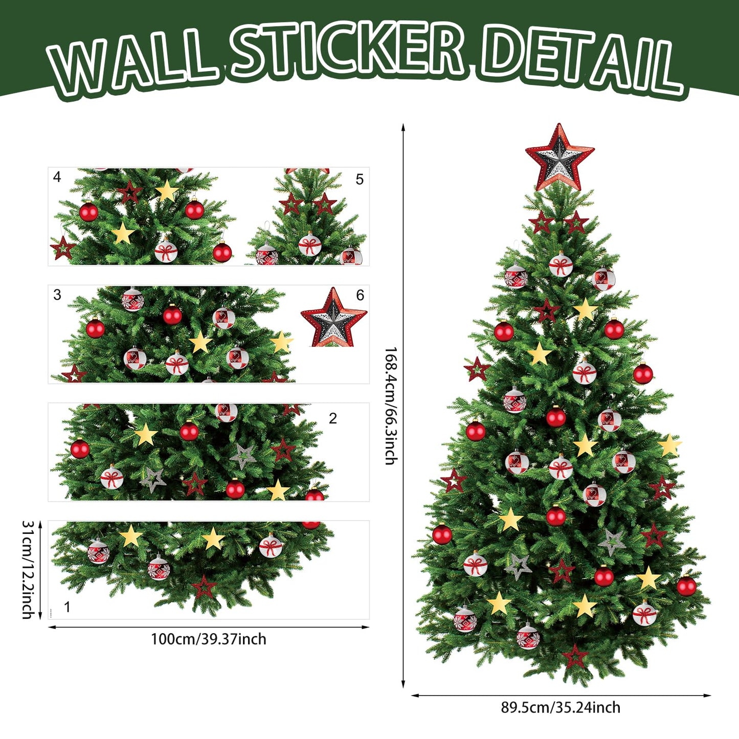 Kasubeso Large 66 x 33 inch Large Christmas Tree Wall Decals Removable DIY Pine Tree Xmas Wall Decor Merry Christmas Wall Stickers for Bedroom Office Living Room Window Clings Party Decoration