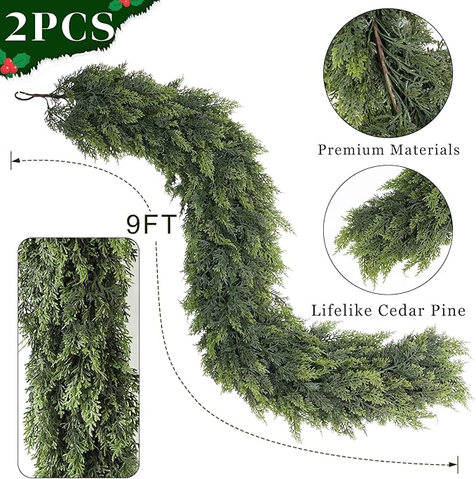 9FT Real Touch Cedar Garland for Fireplace - Artificial Christmas Garlands Realistic Faux Greenery Fake Pine Needles Garland for Holiday,Table, Window,Mantel,Stairs, Home,Indoor Outdoor Decor (2PCS)