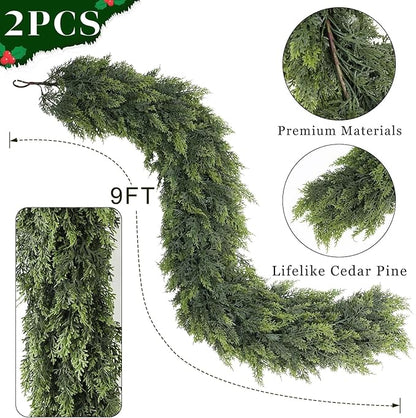 9FT Real Touch Cedar Garland for Fireplace - Artificial Christmas Garlands Realistic Faux Greenery Fake Pine Needles Garland for Holiday,Table, Window,Mantel,Stairs, Home,Indoor Outdoor Decor (2PCS)