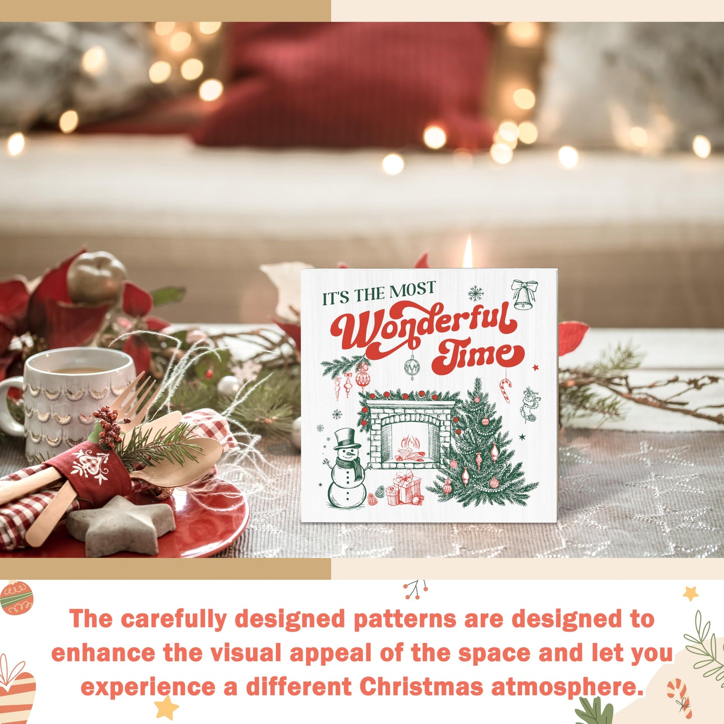 OXRUN Christmas Table Decorations, It's The Most Wonderful Time Wooden Box Sign Decorative, Xmas Holiday Gifts for Women Men Home Office Shelf Decor 6 x 6 Inches - F03