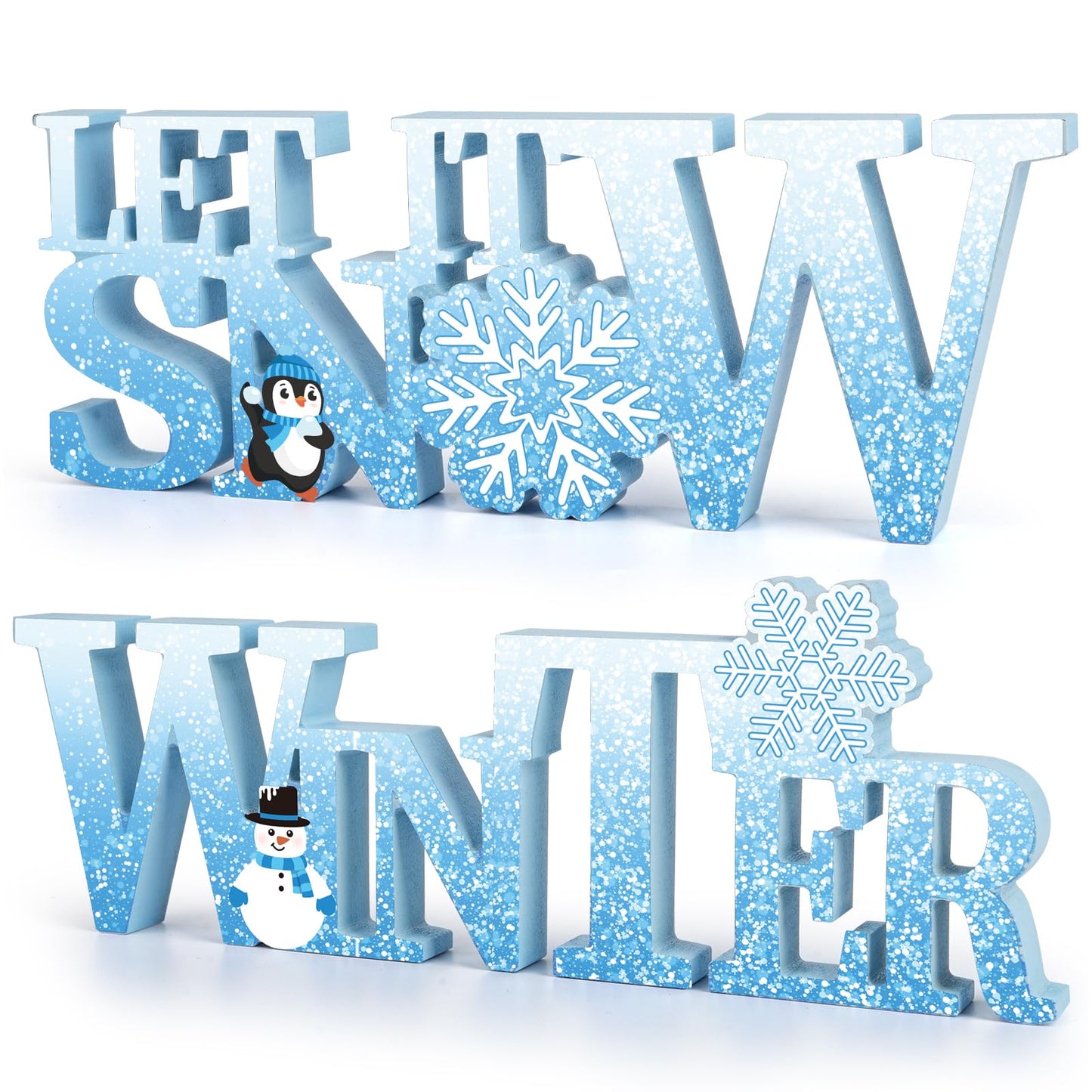 COCHIE Wooden Winter Let It Snow Sign, Snowflake Winter Decorations for Home, Office, Shelf, Mantel, Indoor, Blue White Wood Table Top Party Decor (Blue)
