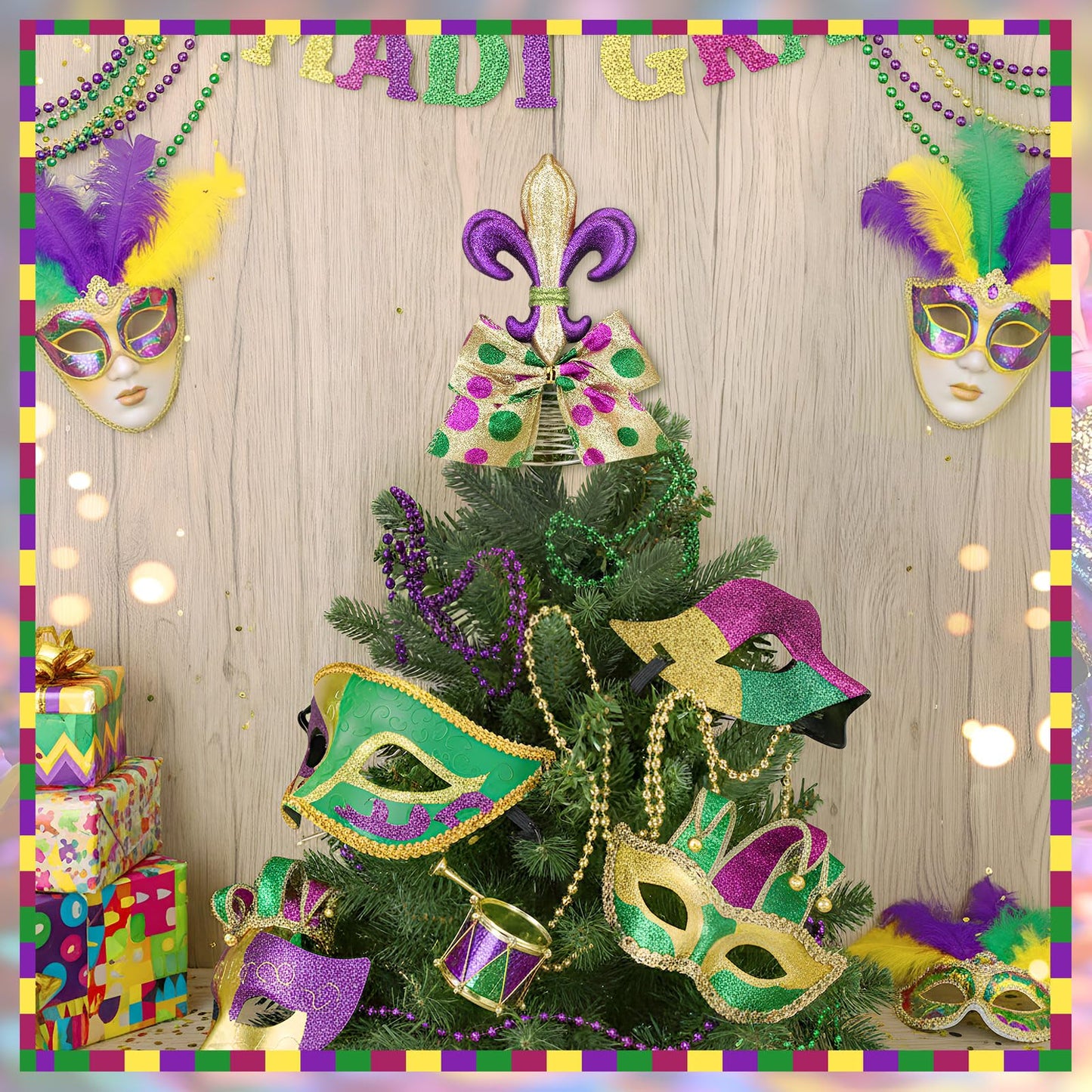 PullCrease Mini Mardi Gras Tree Topper 5.9 Inch Purple Green Gold Bow Tree Topper Mardi Gras Ornament Decoration for Carnival Holiday Party Festive Home Decor