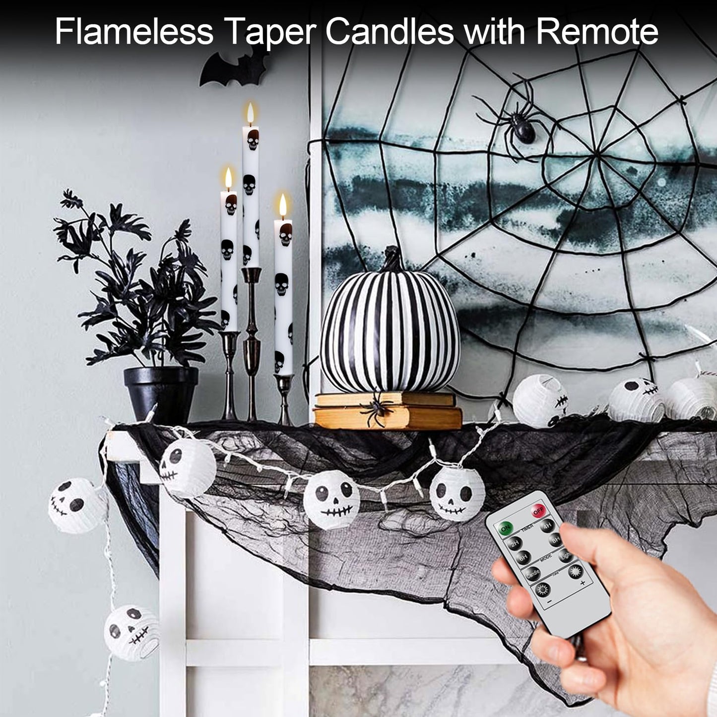 GenSwin Halloween Flameless Taper Candles Remote Timer, 4 Pack Real Wax LED Taper Candles Battery Operated Flickering with Skull Prints, Flameless Candlesticks for Halloween Decor(0.75”x 9.65”)