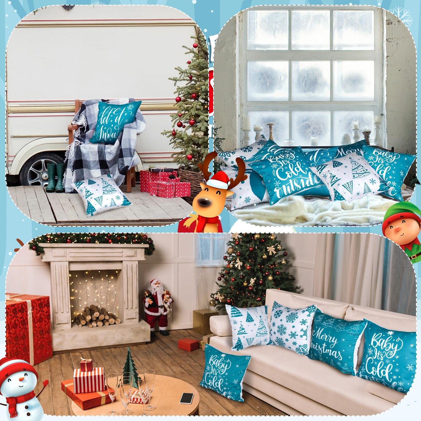 VitalCozy 6 Pcs 18 x 18 inch Christmas Throw Pillow Covers Xmas Cushion Covers Pillow Cases Snowflake Winter Throw Pillow Covers Christmas Decor for Bedroom Sofa Couch Cushion Square Home (Teal)