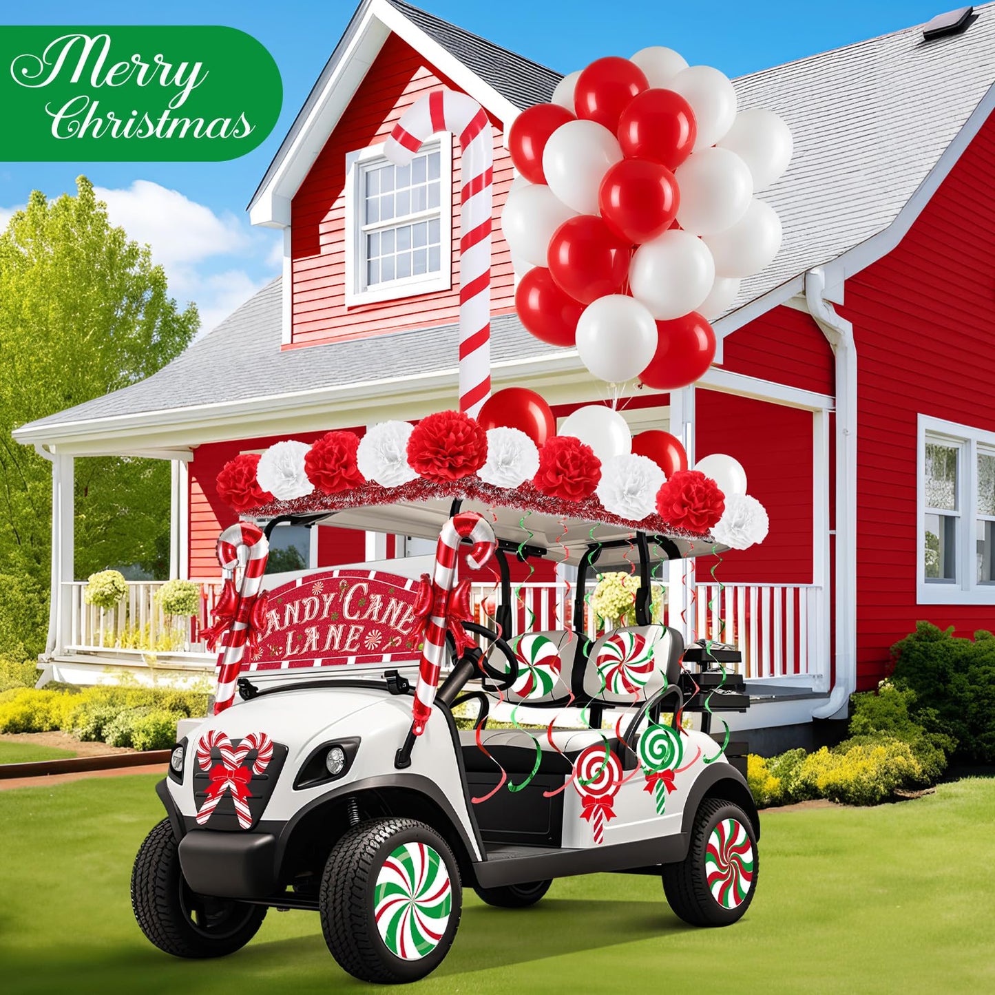 Soulchen 100 Pcs Christmas Golf Cart Decorations Xmas Candy Canes Lollipop PVC Decor Inflatable Red Tinsel Garlands Banner Red Hanging Swirls Tissue Paper Pompoms for Golf Cart Party Supplies Decor