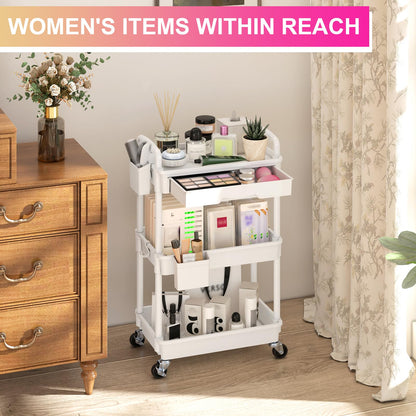 Goovilla 3 Tier Rolling Utility Cart Organizer with Removable Drawer, Stable and Sturdy Black Rolling Storage Carts with 2 Lockable Wheels for Bathroom, Kitchen, Snack, Craft, Makeup, Baby Essentials