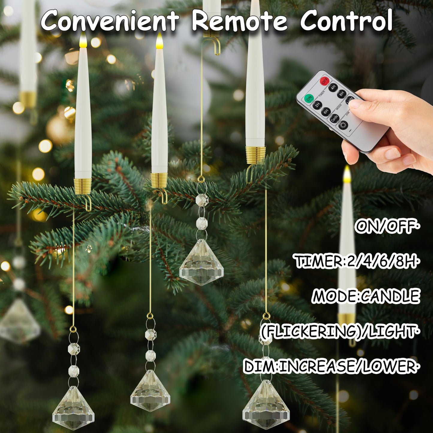JOIONE Flameless Christmas Tree Candles with Remote, 10 Pack Battery Operated LED Candles with Suction Cup for Christmas Tree, Flickering Flame for Xmas Indoor Decor - Diamond