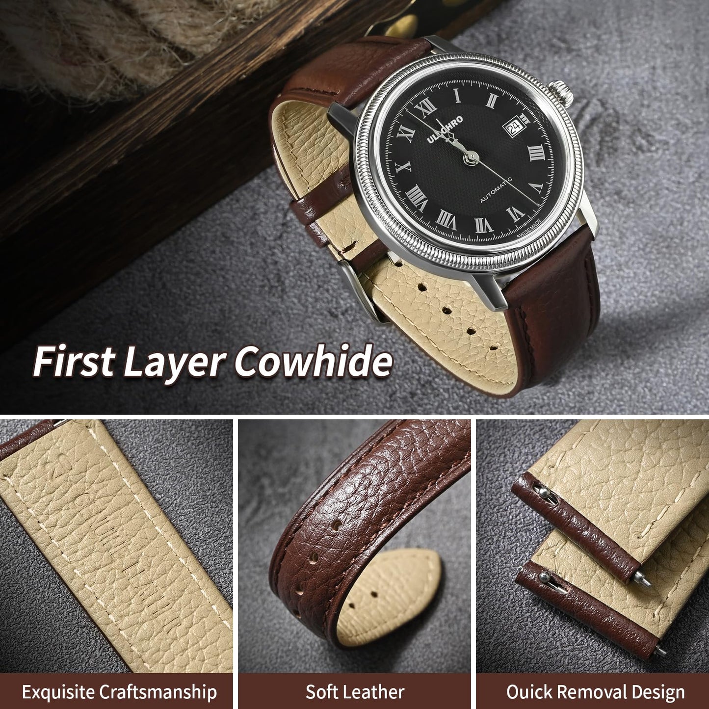 ULLCHRO Genuine Leather Watch Strap Quick Release Watch Band Vintage Alligator Grain Leather Strap Premium Top Grain with Stainless Steel Buckle, Soft Brown Calfskin for Men Wrist (20mm, Dark Brown)