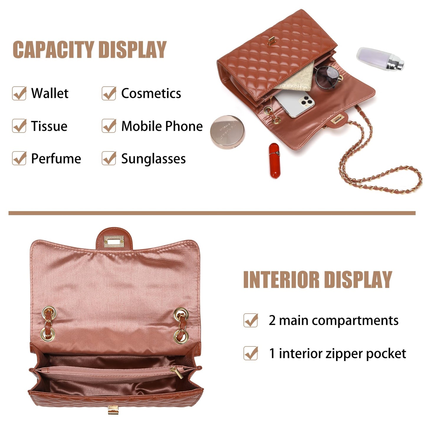 Quilted Crossbody Purse for Women Trendy Ladies Shoulder Bag with Chain Strap PU Leather Cross Body Bags Satchel HandBag,Caramel Brown