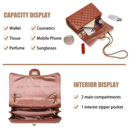 Quilted Crossbody Purse for Women Trendy Ladies Shoulder Bag with Chain Strap PU Leather Cross Body Bags Satchel HandBag,Caramel Brown