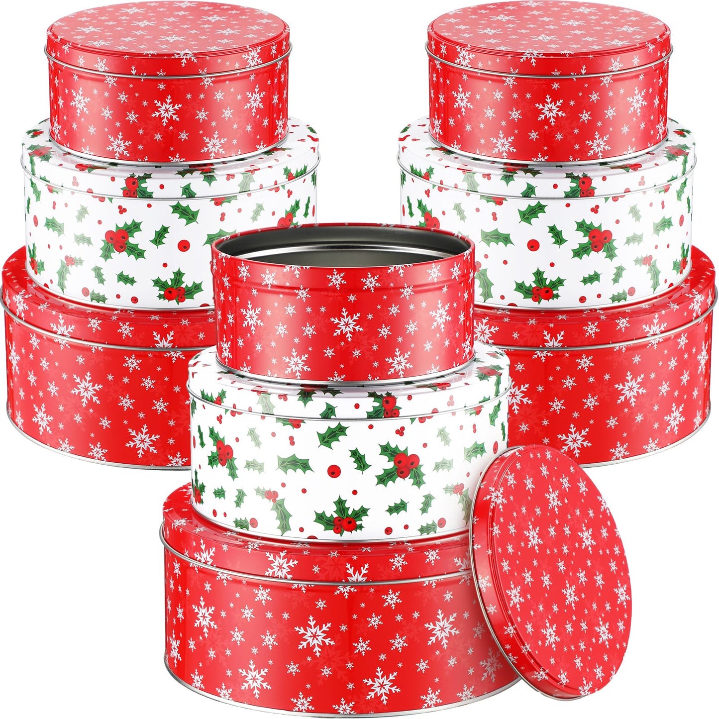 Yaomiao 9 Pcs Christmas Cookie Tins Set 3 Sizes Decorative Cookie Boxes Christmas Tins with Lids Holiday Treats Round Metal Nesting Containers Candy Biscuits Treat Boxes(Snowflakes, Red Berries)
