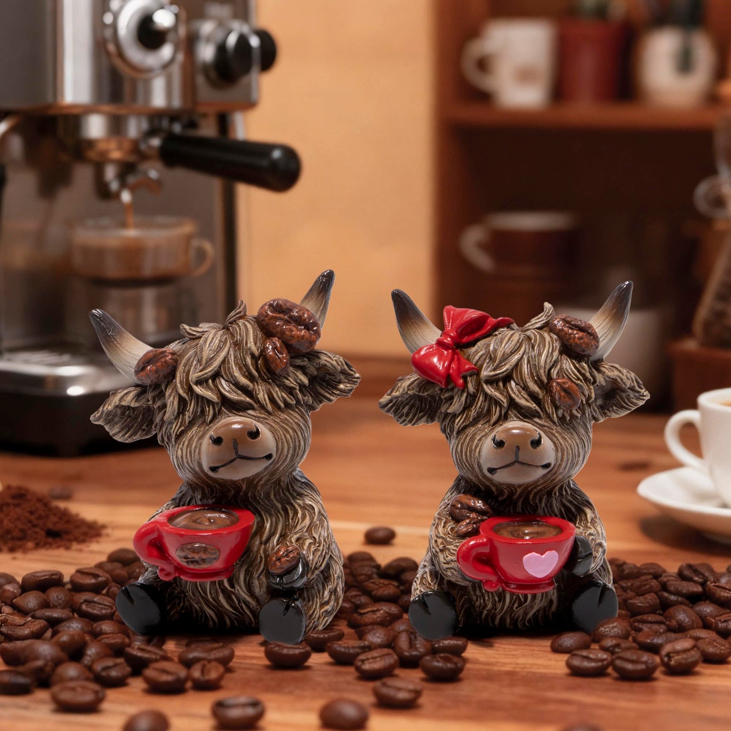 Hodao Christmas Highland Cow Coffee Resin Figurines,Xmas Farmhouse Decor for Tiered Tray, Tabletop, Mantel, Gift for Xmas Home Decoration