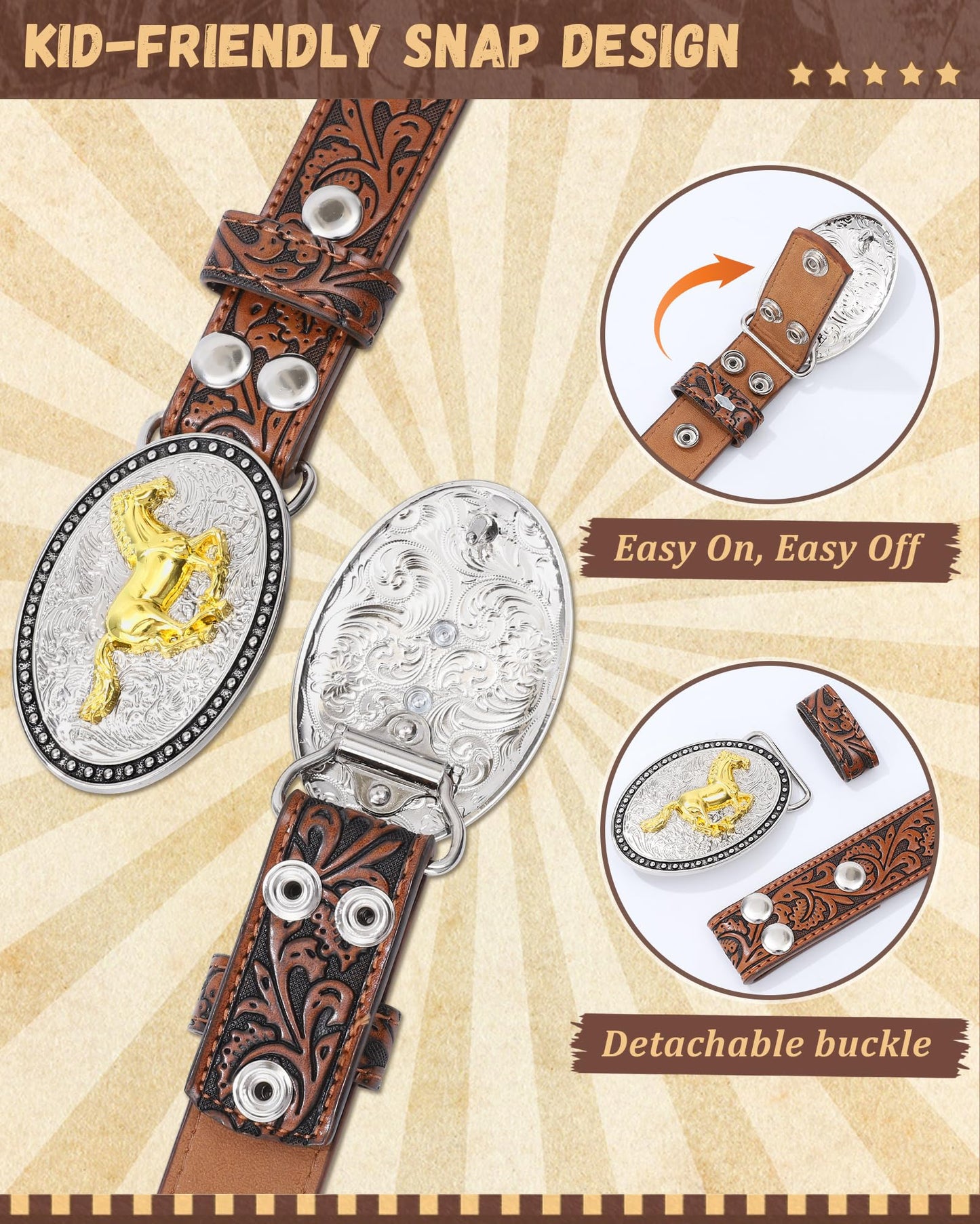 AWAYTR Kids Western Belt with Detachable Buckle - PU Leather, 3 Sizes (23"-34.5"), Adjustable for Daily Wear & Halloween (Horse Buckle-Dark Brown, Fit Waist: 30.5"-35")