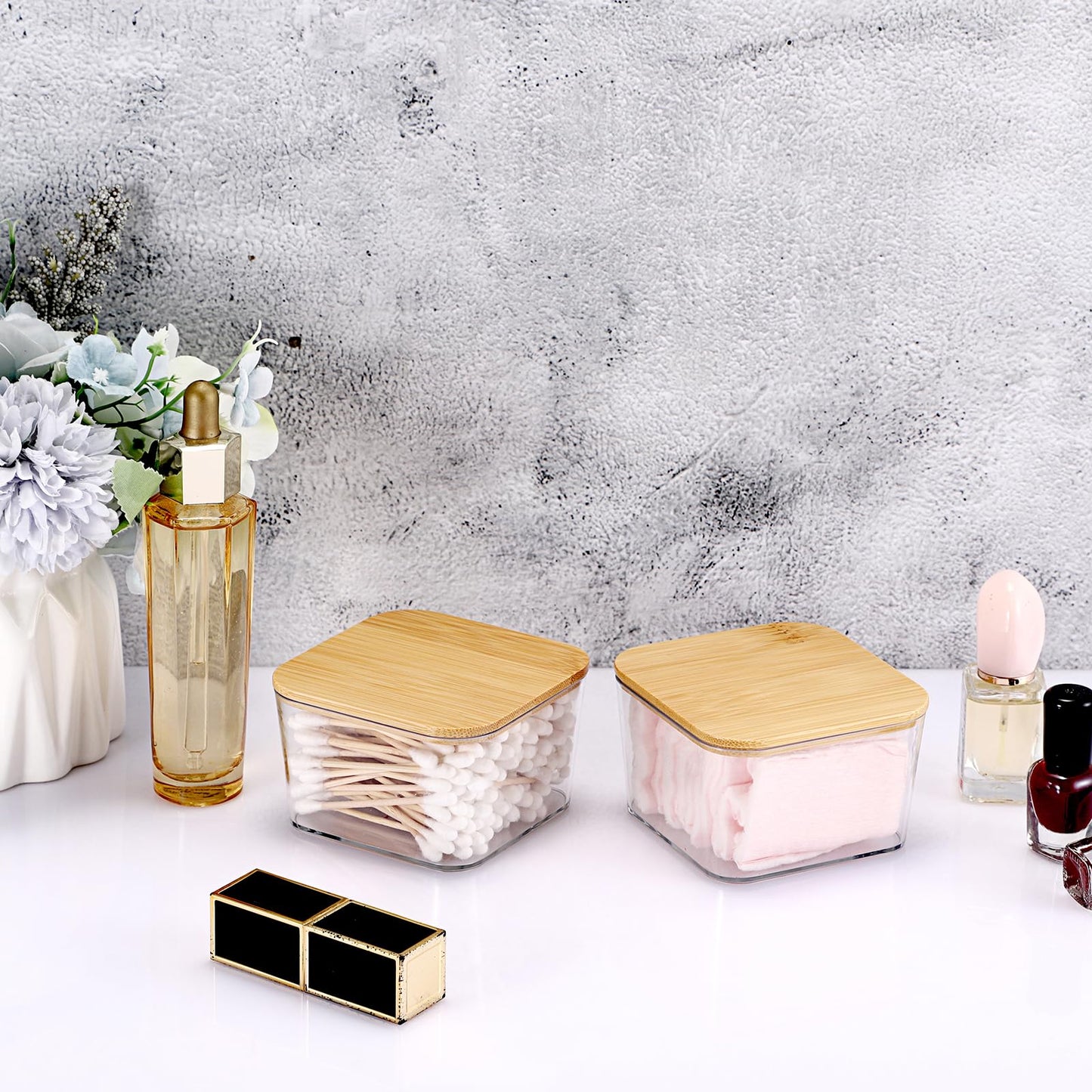 BTSKY 4 Pack Clear Stackable Paper Clip Holder with Bamboo Lid Paperclip Box Plastic Cute Office Supply Accessory Organizer Square Small Storage Holder Cute Qtip Holder for Office Bathroom Vanity