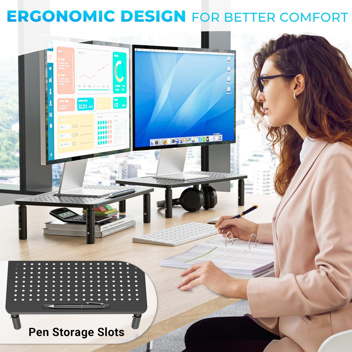 BONTEC Monitor Stand 2 Pack Height Adjustable Metal Riser with Pen Holder, Black, 14.5” x 9.1”, Ergonomic Desktop Stand for Computer, Printer, Laptop, Adjustable Desk Riser with Cable Management