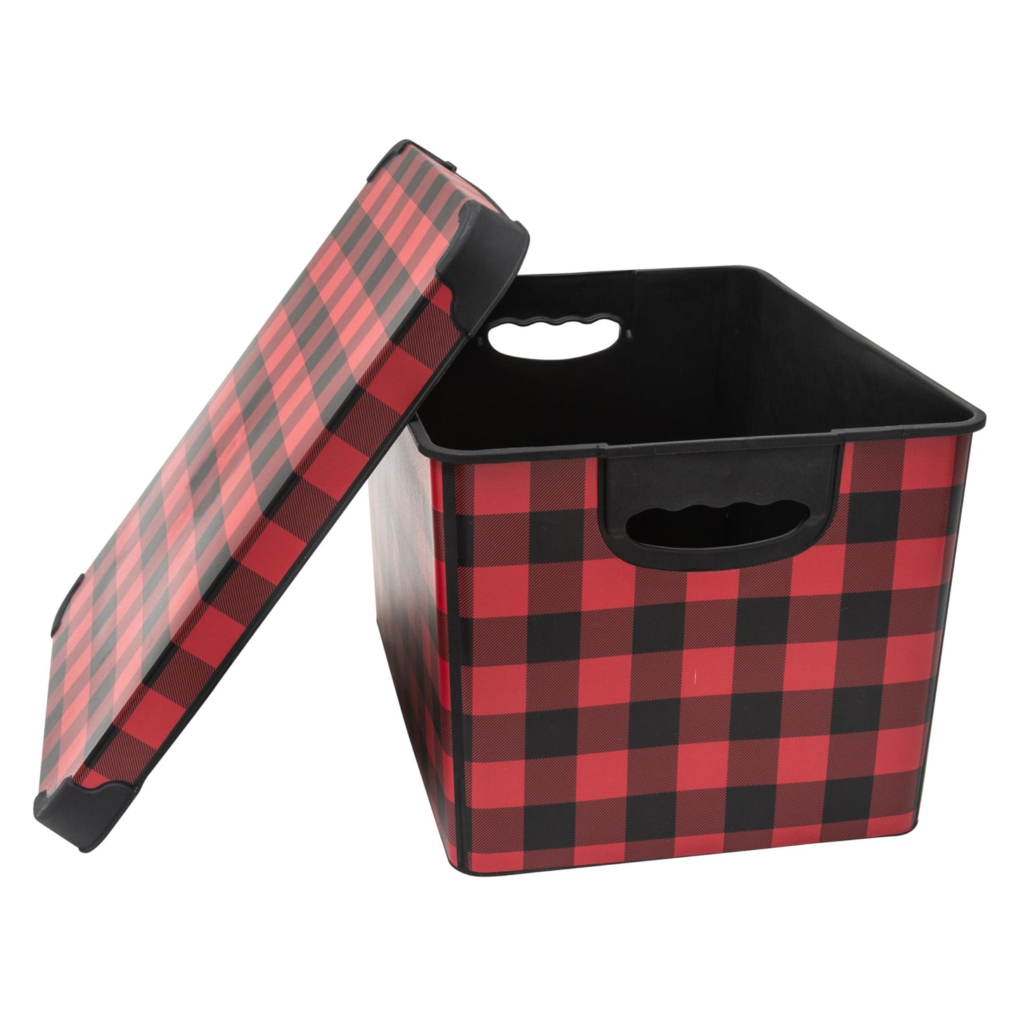 Simplify Checkered Design Storage Bin | Christmas Tote | Holiday Décor Decorations Organizer | Buffalo Plaid Design | Lidded | Stackable | Black and Red