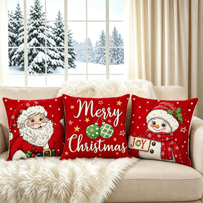 Ni-JASW Red Christmas Throw Pillow Covers 18x18 inch Set of 4, Old Fashioned Santa Snowman Merry Christmas Cushion Covers for Couch Sofa Holiday Decor