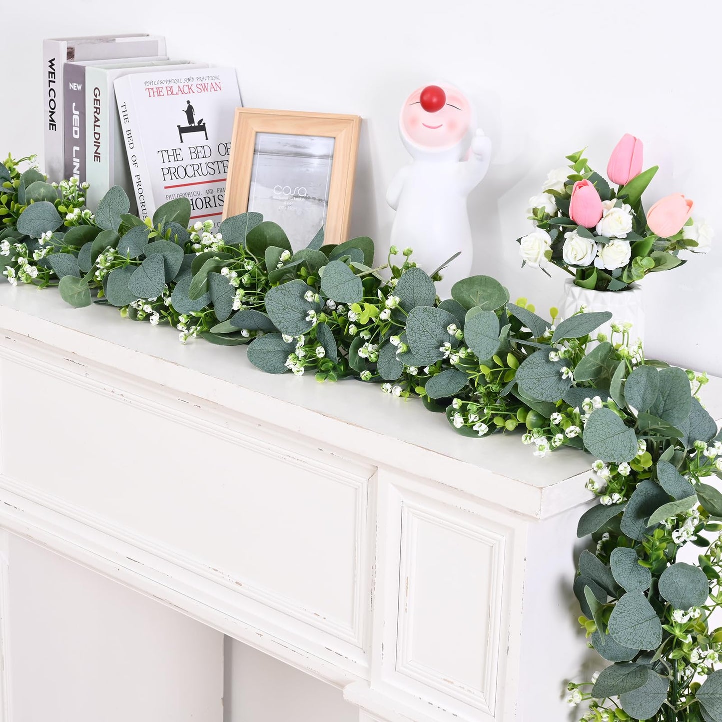Waipfaru 2Pcs Eucalyptus Garland, 5.9FT Greenery Garland, Green Garland with Flowers, Artificial Faux Silver Dollar Eucalyptus Leaves Vines for Table Home Wedding Mantle Party Indoor Outdoor Decor