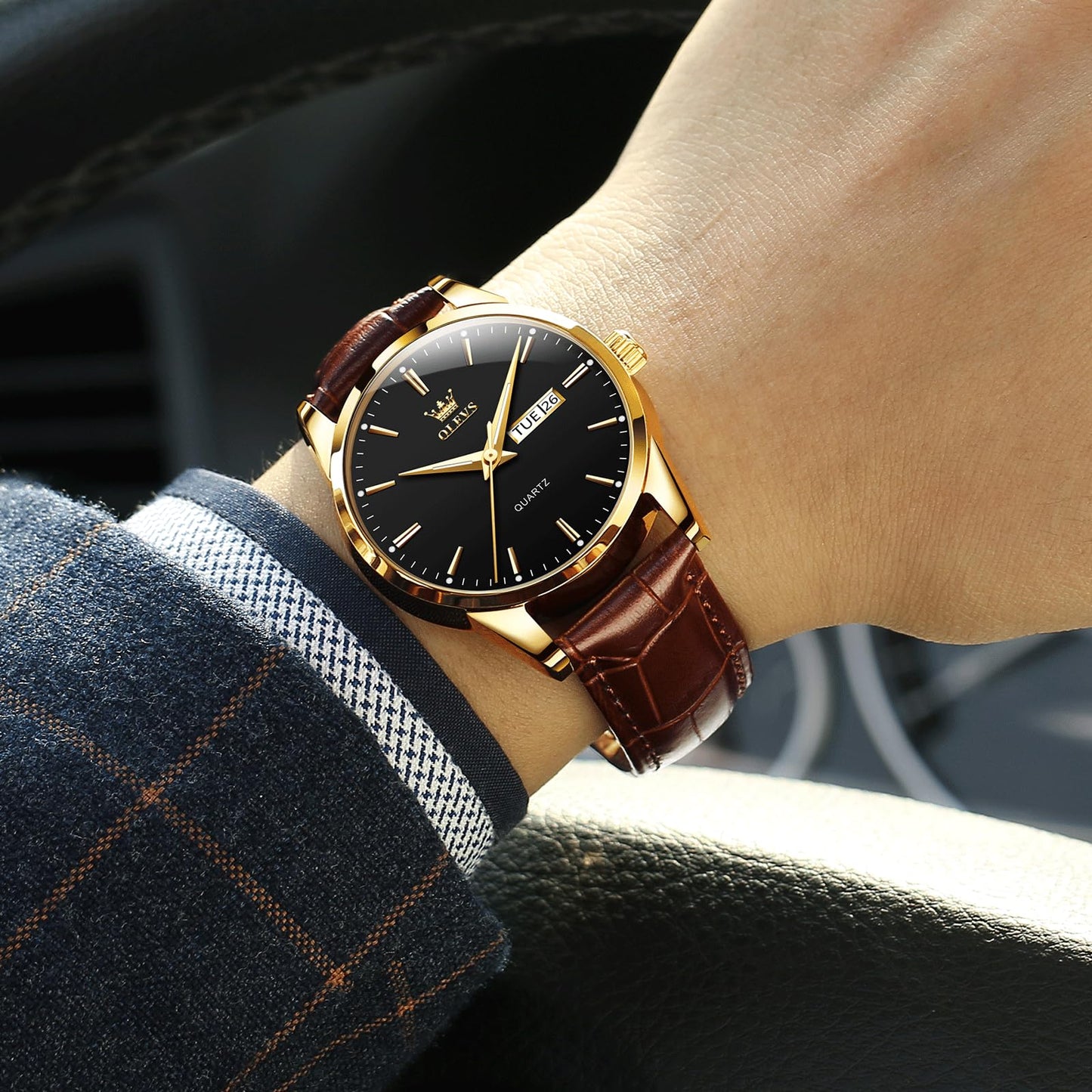 QBAIZI Mens Gold Watches Brown Leather Band Analog Dress Wristwatch for Men Black Face Luxury Male Watch with Day Date Easy to Read Vintage Men's Wrist Watches Waterproof Luminous Reloj para Hombre