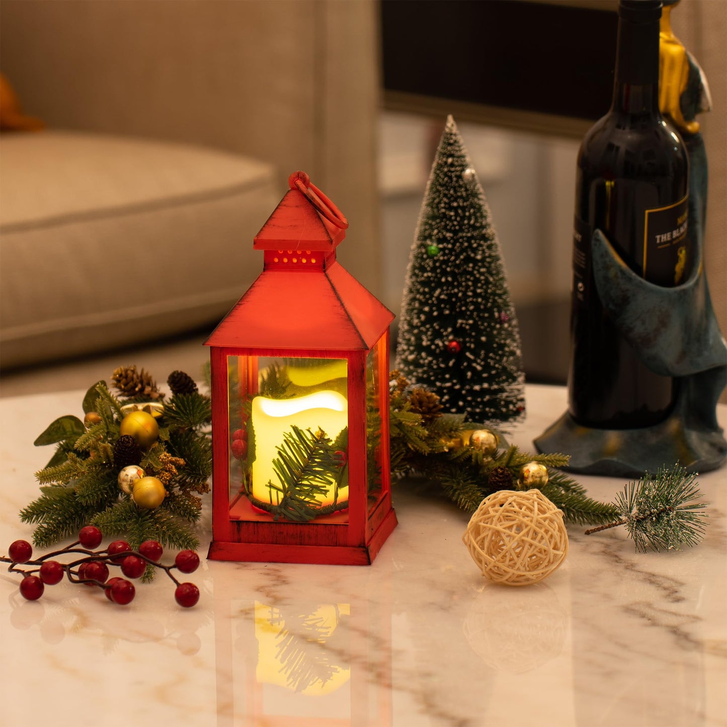 Yongmao Christmas Lantern Decorative with LED Candle, Pine Holly Berry Red Decorative Hanging Lanterns for Indoor Outdoor Garden Christmas Home Decor(2 Pack)