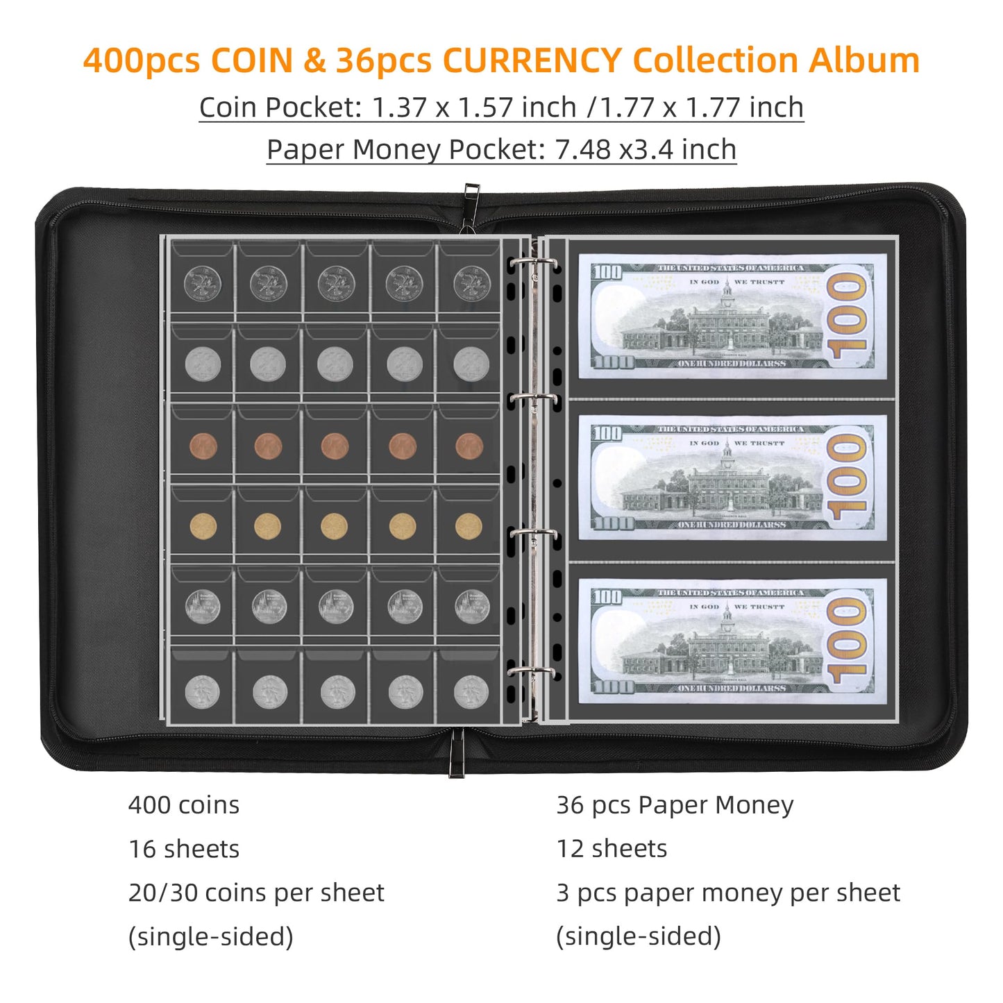 Coin Collection Album Holder for Collectors, 400 Pockets Fireproof Coin Collection Book & 36 Paper Money Organizer Binder for Coin Currency Collection Supplies,Pennies,Bill,Tokens,Badges