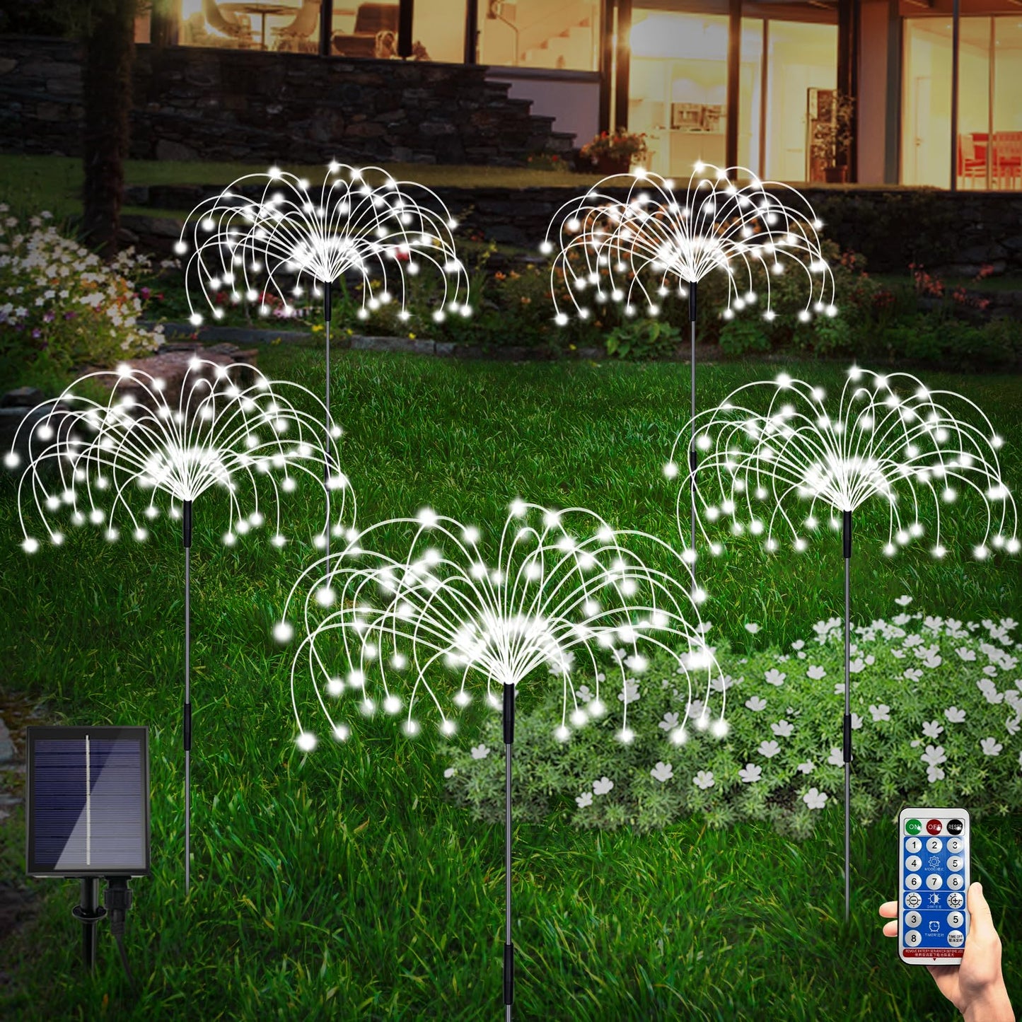 Maleyt Solar Garden Lights, Outdoor Firework Lights, 5 Pack 120 LED Decorative Stake with Remote, 8 Modes DIY Landscape Light Waterproof Lamps for Walkway Pathway Backyard Lawn (White)