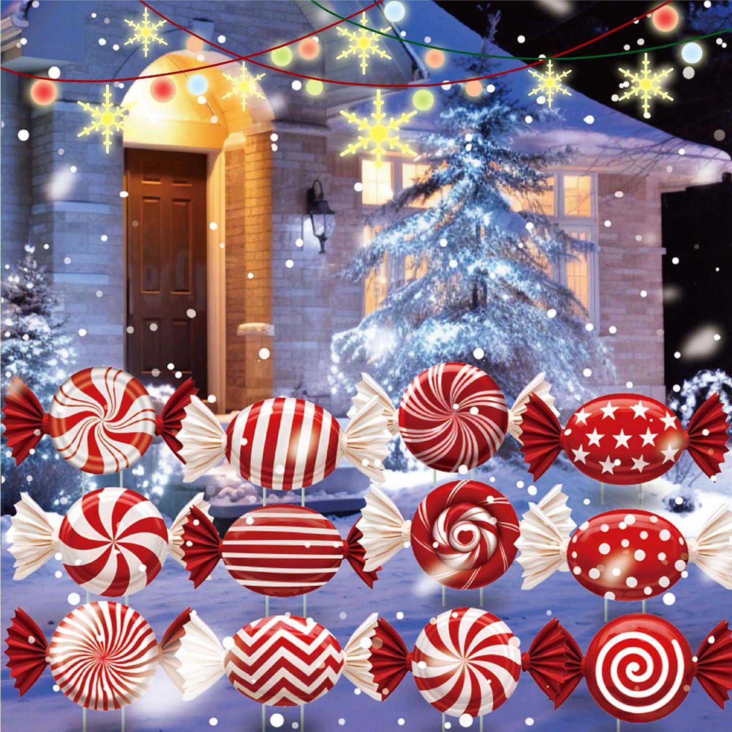 B‌oGlowHaven 12ct Candy Christmas outdoor Decorations‌ Birthday Decorations Waterproof Corrugated Cardboard Yard Signs with 24 Plastic Stakes 17 inch Holiday Pathway Decor for Garden Walkway and Party