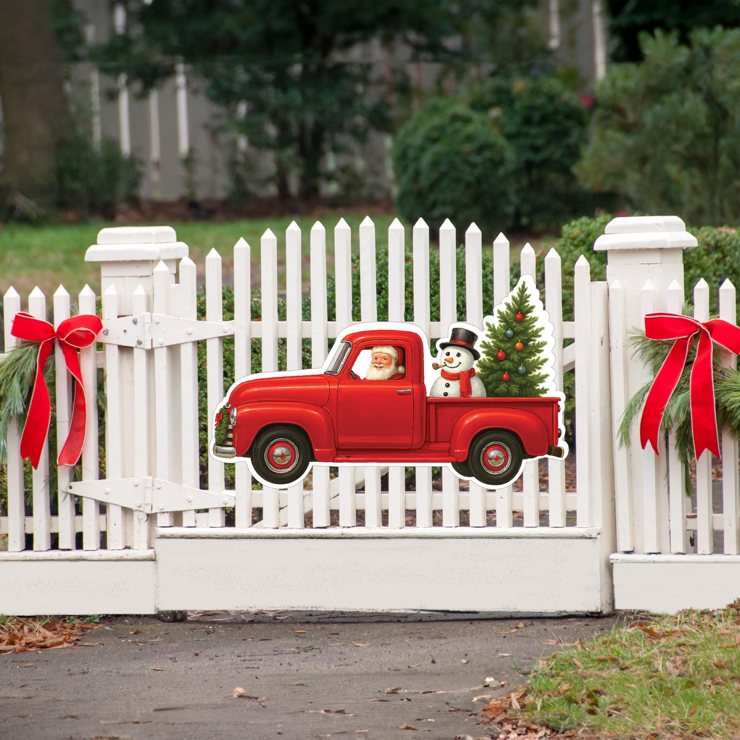 Red Santa Truck Christmas Santa Claus Classic Yard Sign for Home Decor and Lawn Decoration With Stakes, Green Merry Christmas Sign