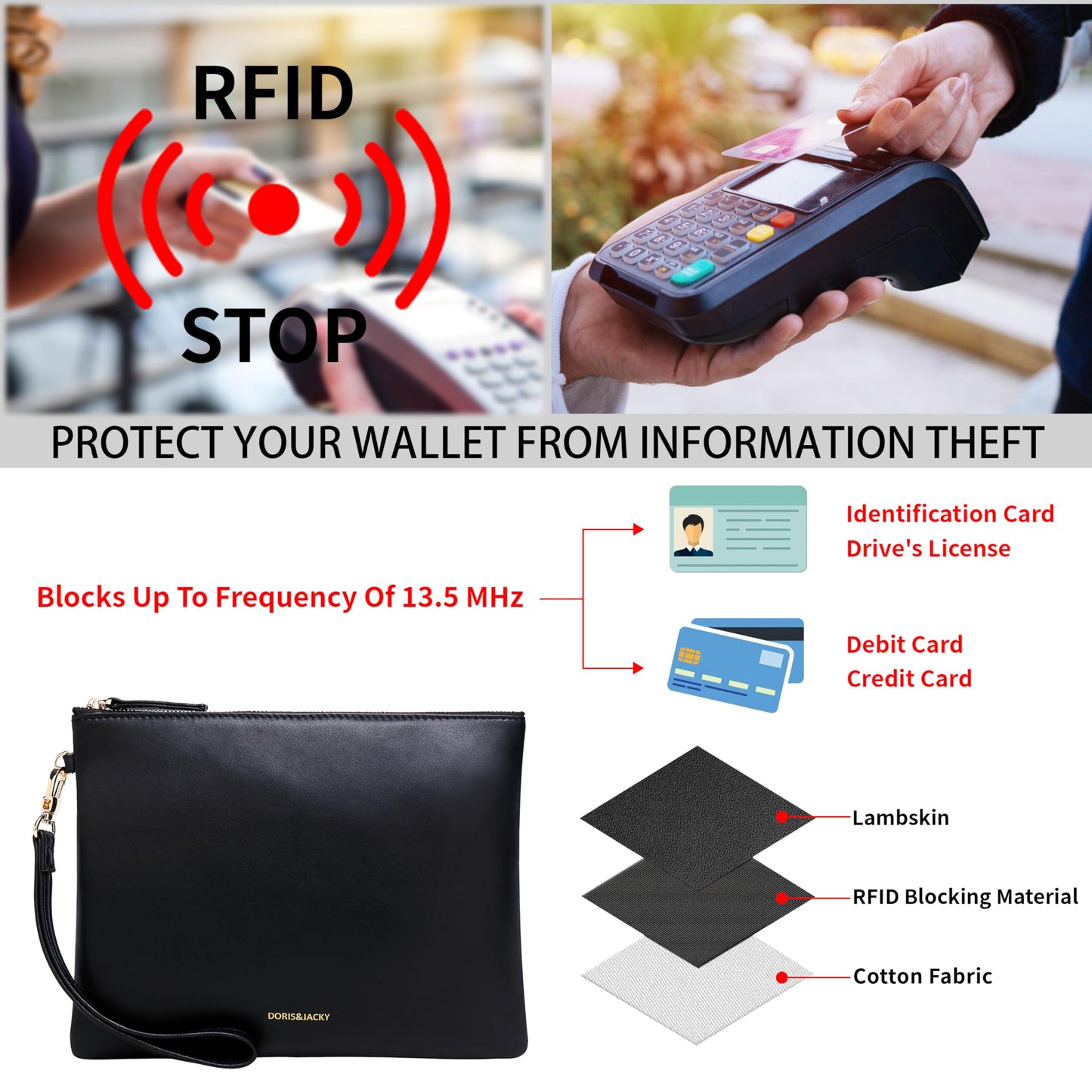 DORIS&JACKY Lambskin Leather Wristlet Clutch Purse For Women Large Soft Designer Wallet With Strap… (Lambskin-black, black)