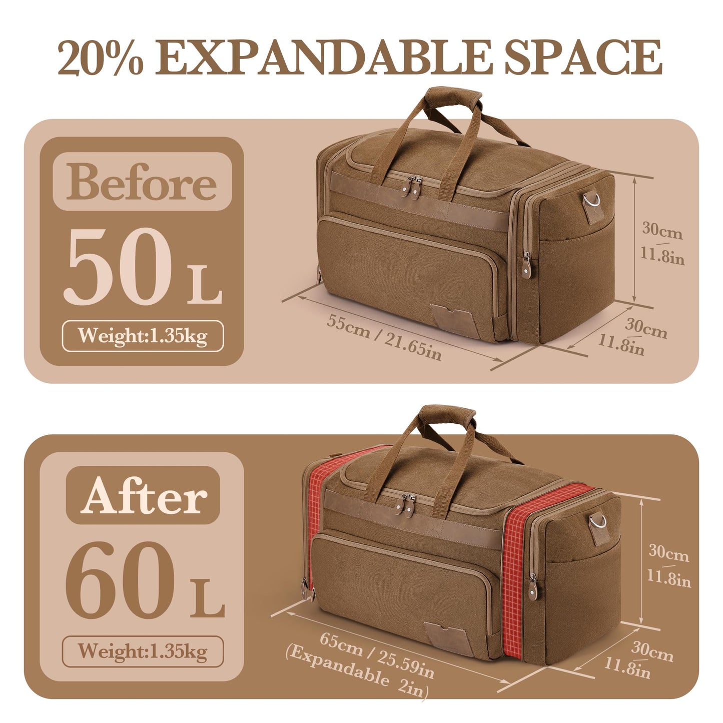 SHOWKOO Duffle Bag for Travel 60L Expandable Canvas Travel Bag Durable Vintage Weekender Overnight Carry On Bag for Men(Coffee)