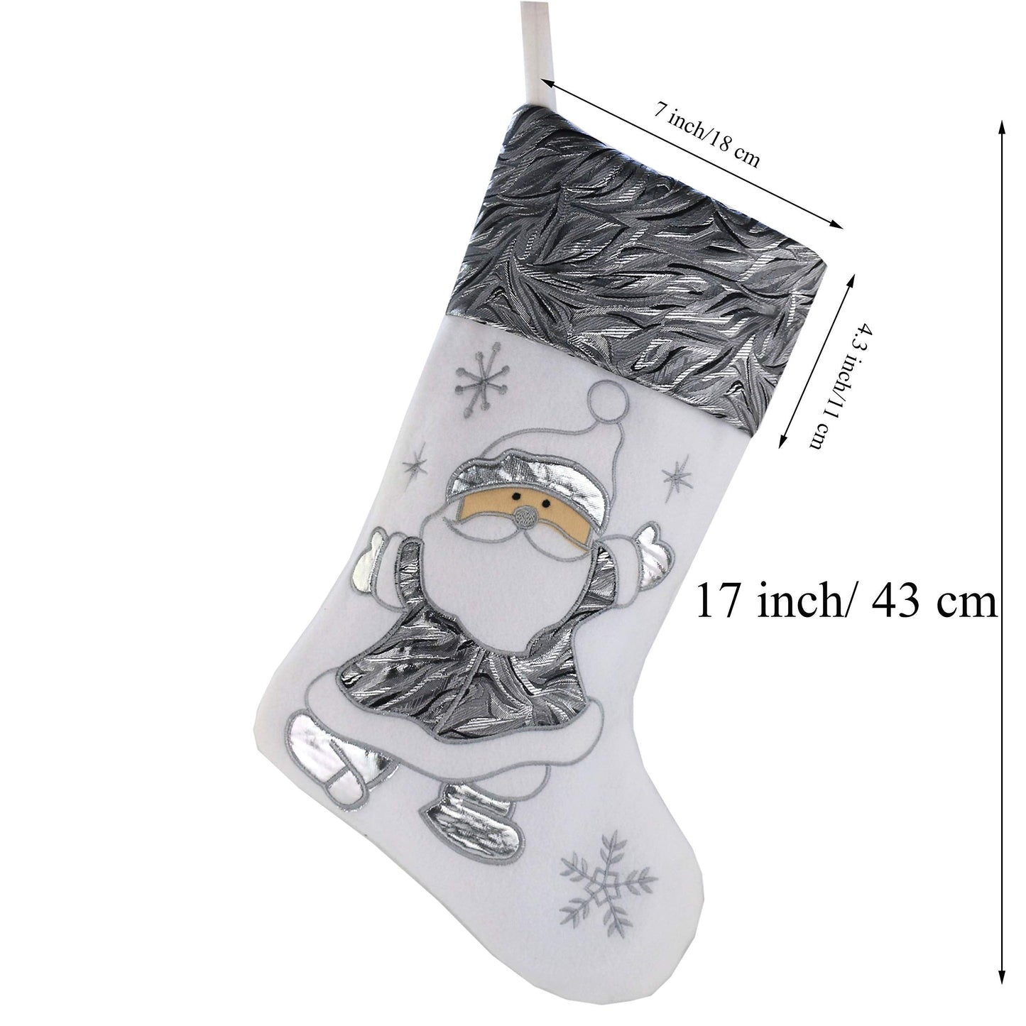 WEWILL Classic White Silvery Christmas Stockings Set of 2 Santa, Snowman Xmas Character Fireplace Hanging Stockings 17 inches for Holiday Party Family