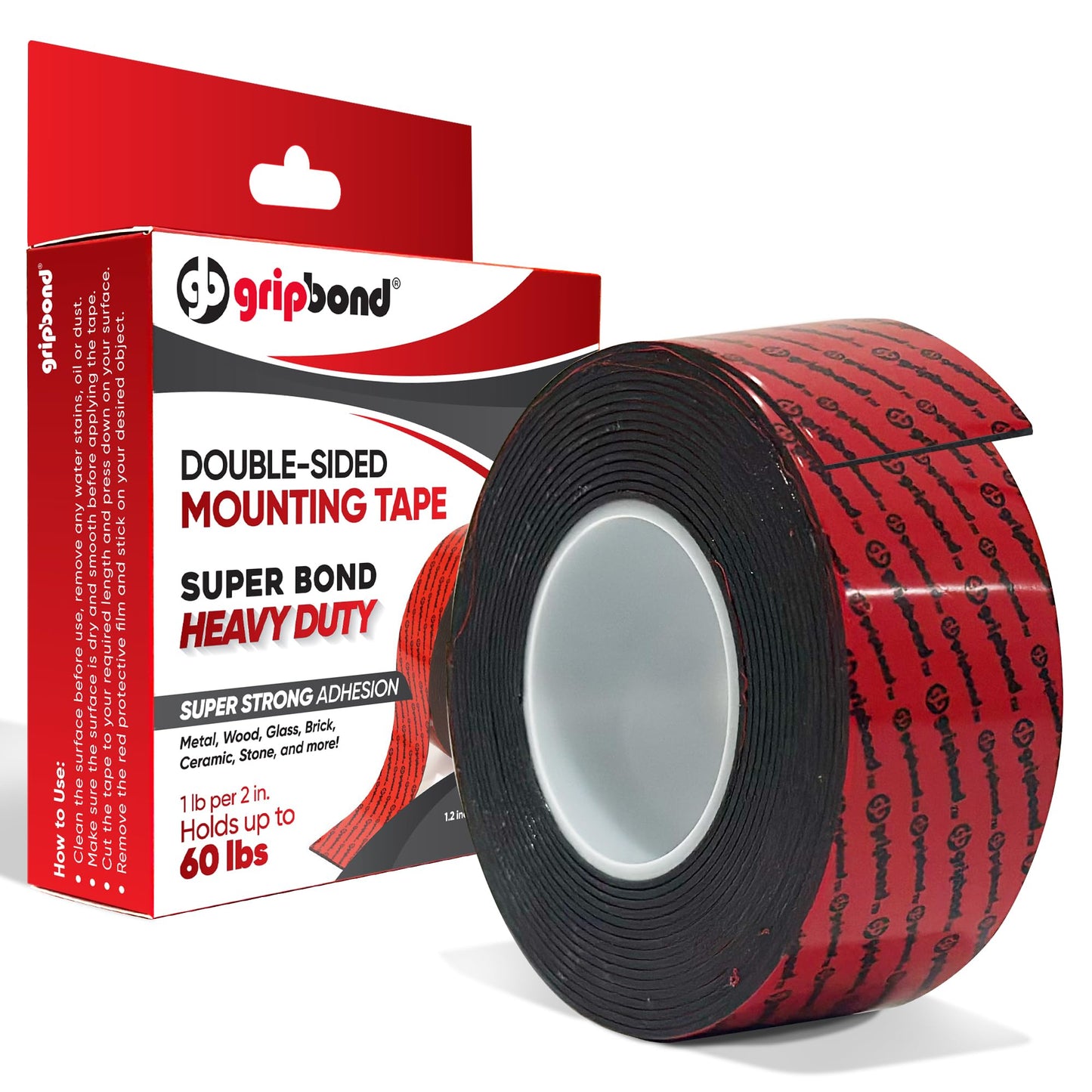 GripBond Black Super Bond Heavy Duty Double Sided Tape, 1 Roll (10 Ft), 1.2” x 120” – Waterproof Adhesive Mounting Tape for Indoor/Outdoor, Walls, Automotive, Car, LED Strip Lights, Home, Office