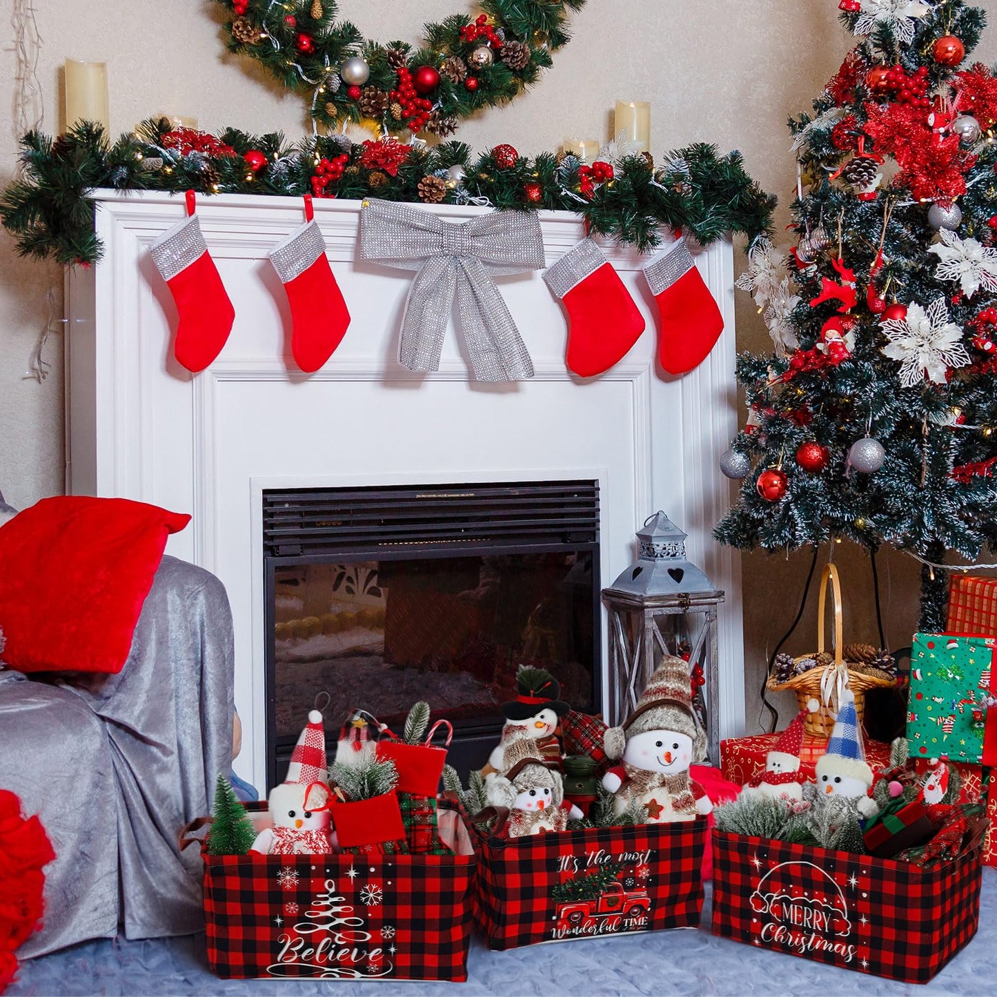 CHENGU 6 Pack Christmas Storage Basket Collapsible Christmas Basket for Gifts Buffalo Plaid Holiday Decor Large Snowman Bin Foldable Xmas Tree Box with Handle for Bedroom Office Home
