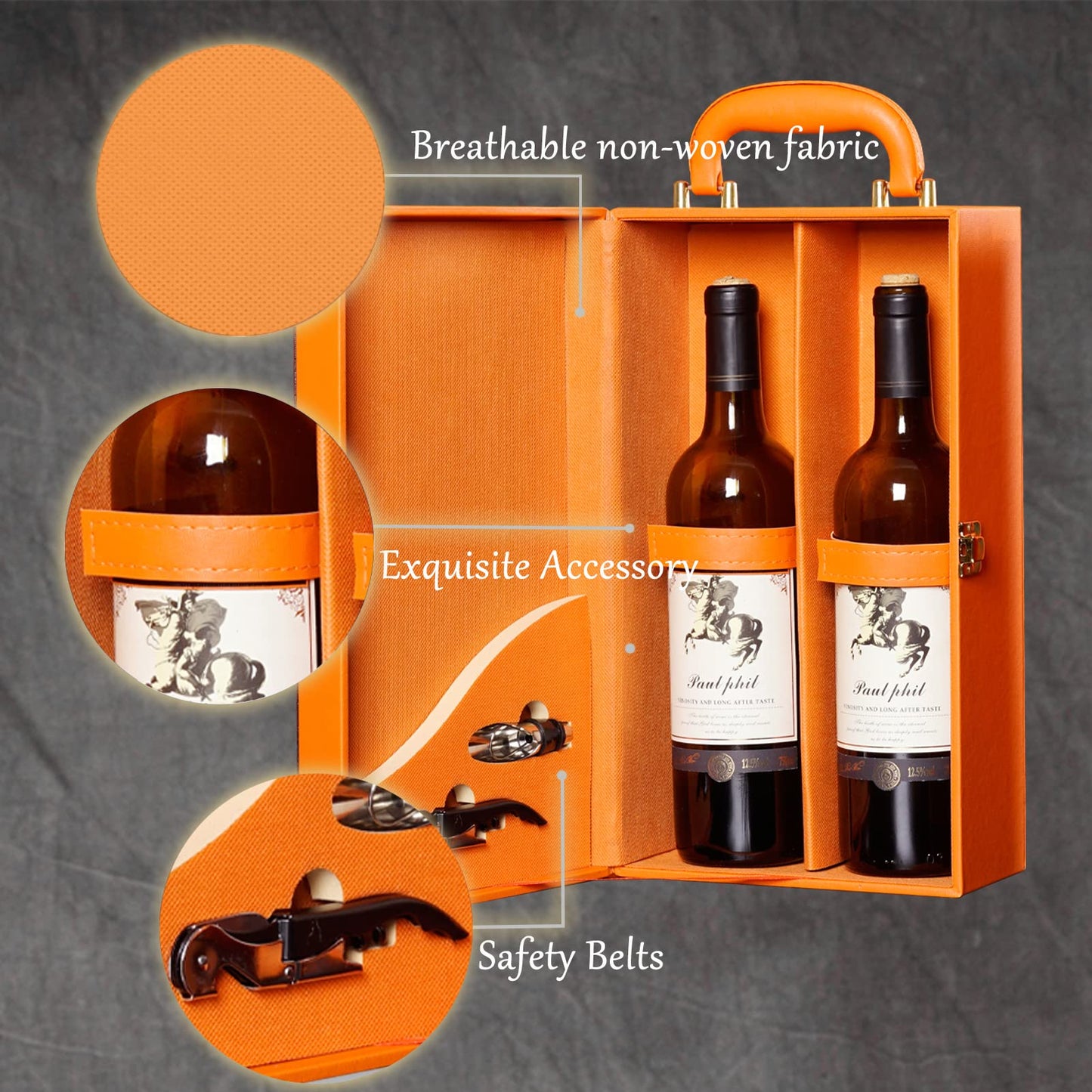 HiCrast Wine Box with 2 Bottle Leatherette Top Handle Premium Wine Carrier Case Orange
