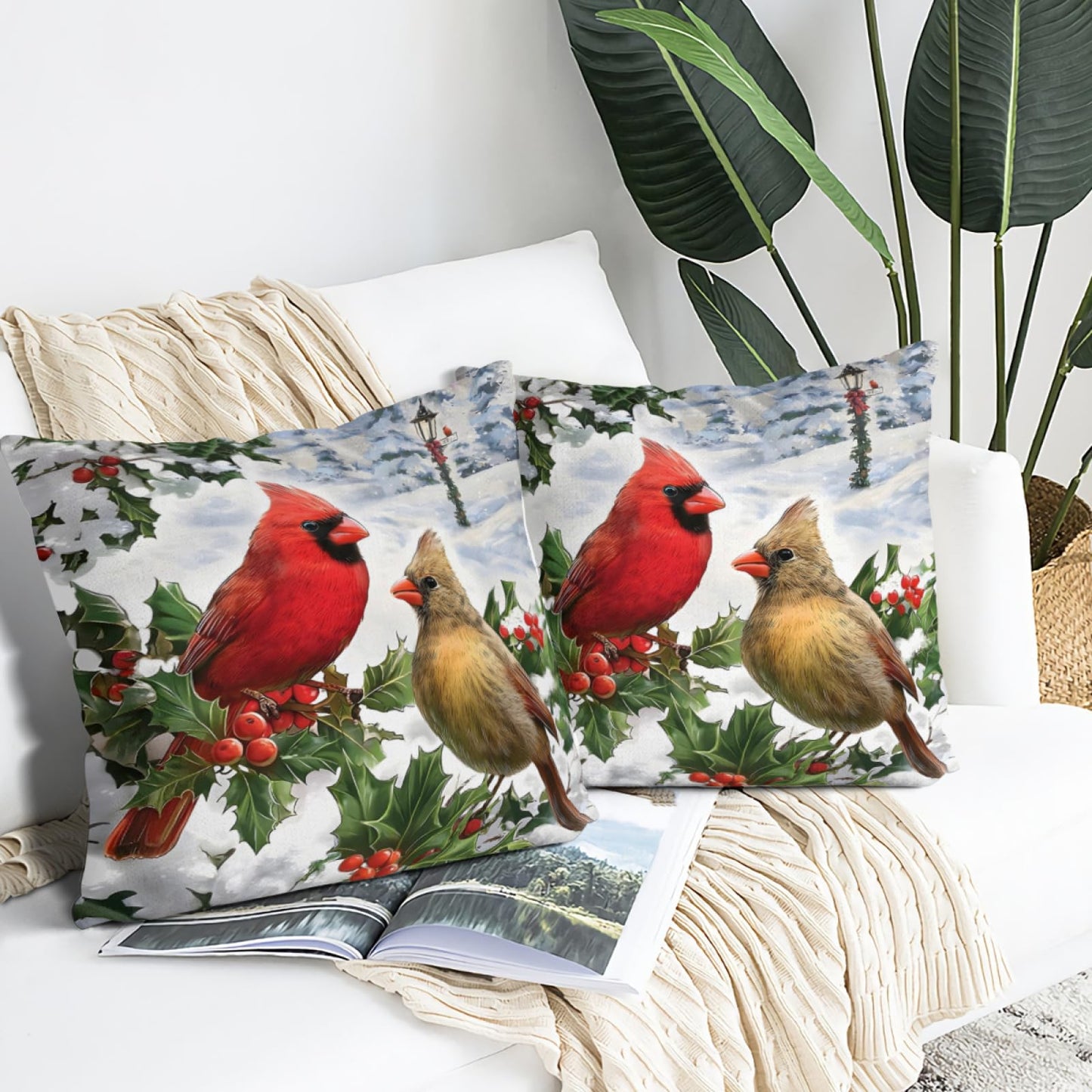 Waiyear Throw Pillows Cover Winter Cardinal Birds Pillow Cases 18"x18" Set of 2,Winter Christmas Pillow Cases for Christmas Living Room Couch Decor