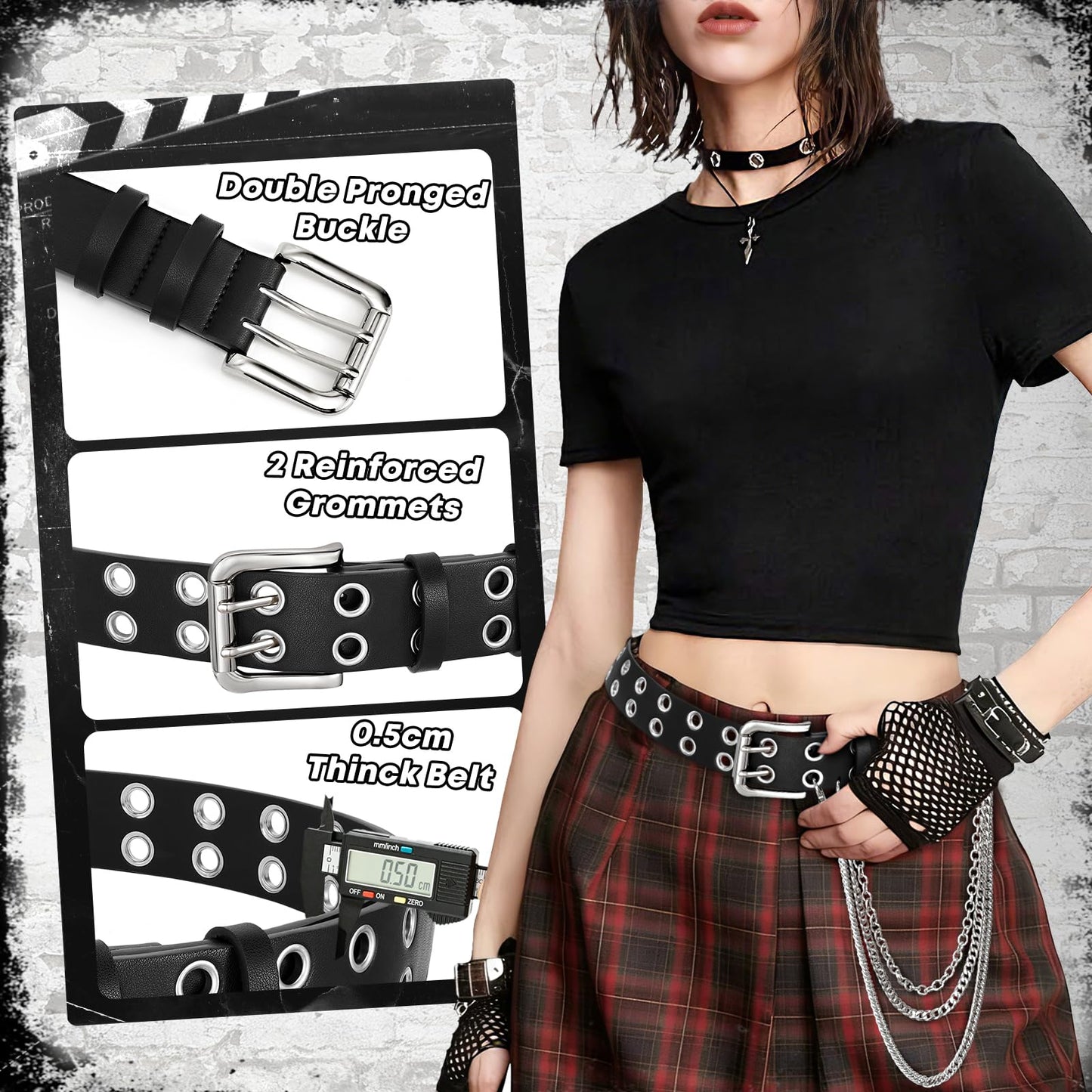 BELTROAD Double Grommet Studded Belt with Detachable Chain Goth Belt for Men Women Punk Rock Metal for Jeans Pants