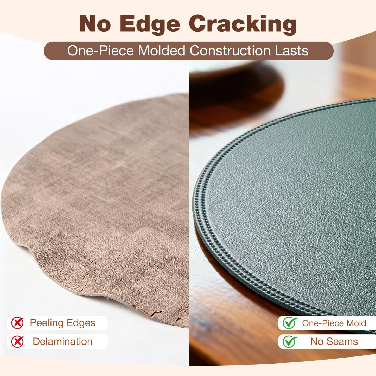 Rinpon Round Vinyl Brown Placemats Set of 6, Faux Leather Waterproof Wipeable Heat Resistant Place Mats, Washable Table Mats for Halloween, Thanksgiving & Christmas Dinner(Dark Brown)