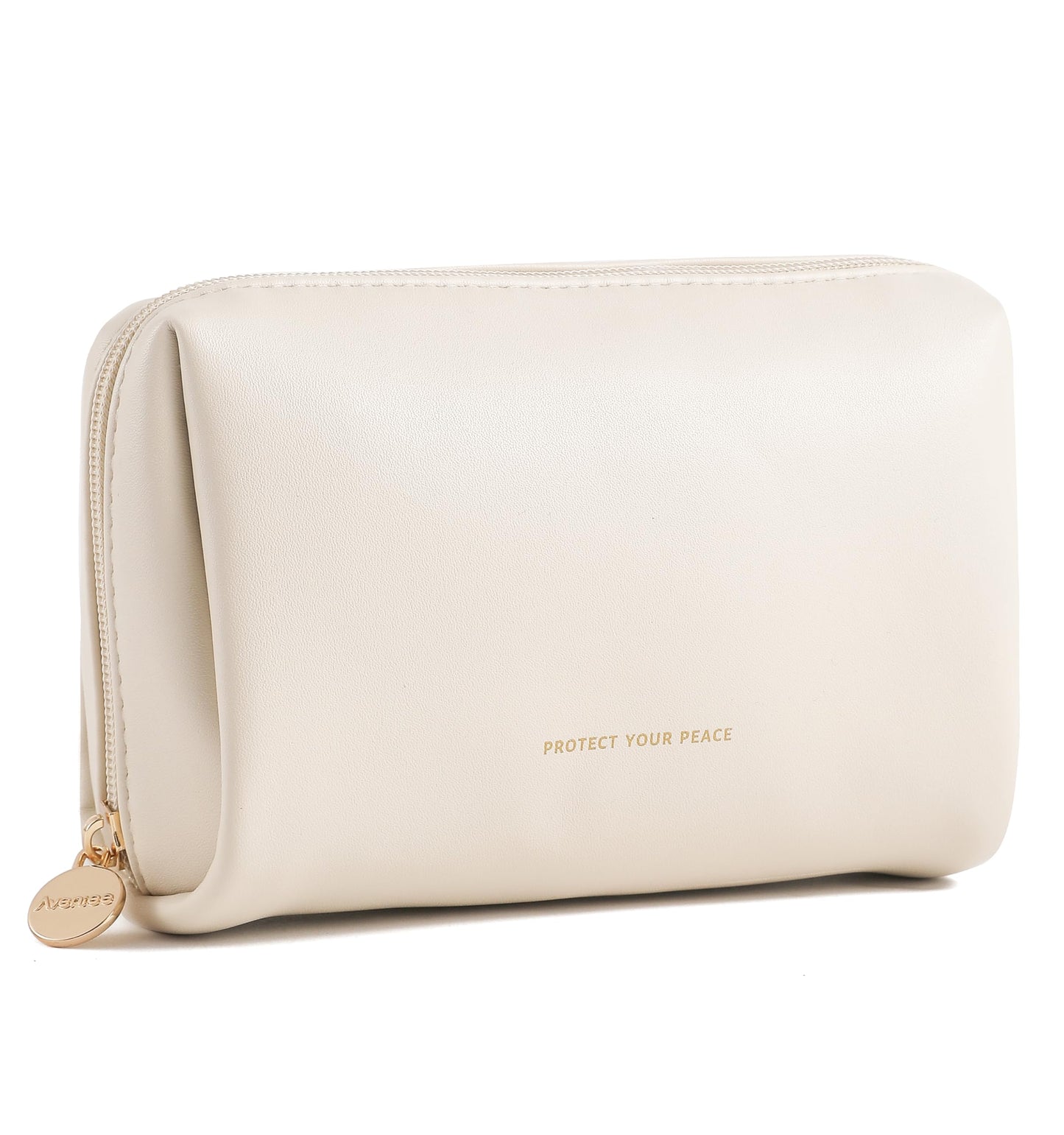 Aveniee Travel Makeup Bag Small, Vegan Leather Cosmetic Pouch for Purse, Wide-open Toiletry Organizer with Dividers & Zipper for Women-Beige
