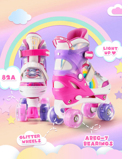 SULIFEEL Rainbow Unicorn 4 Size Adjustable Light up Roller Skates for Girls Boys for Kids Beginners Rollerskates Pink Large