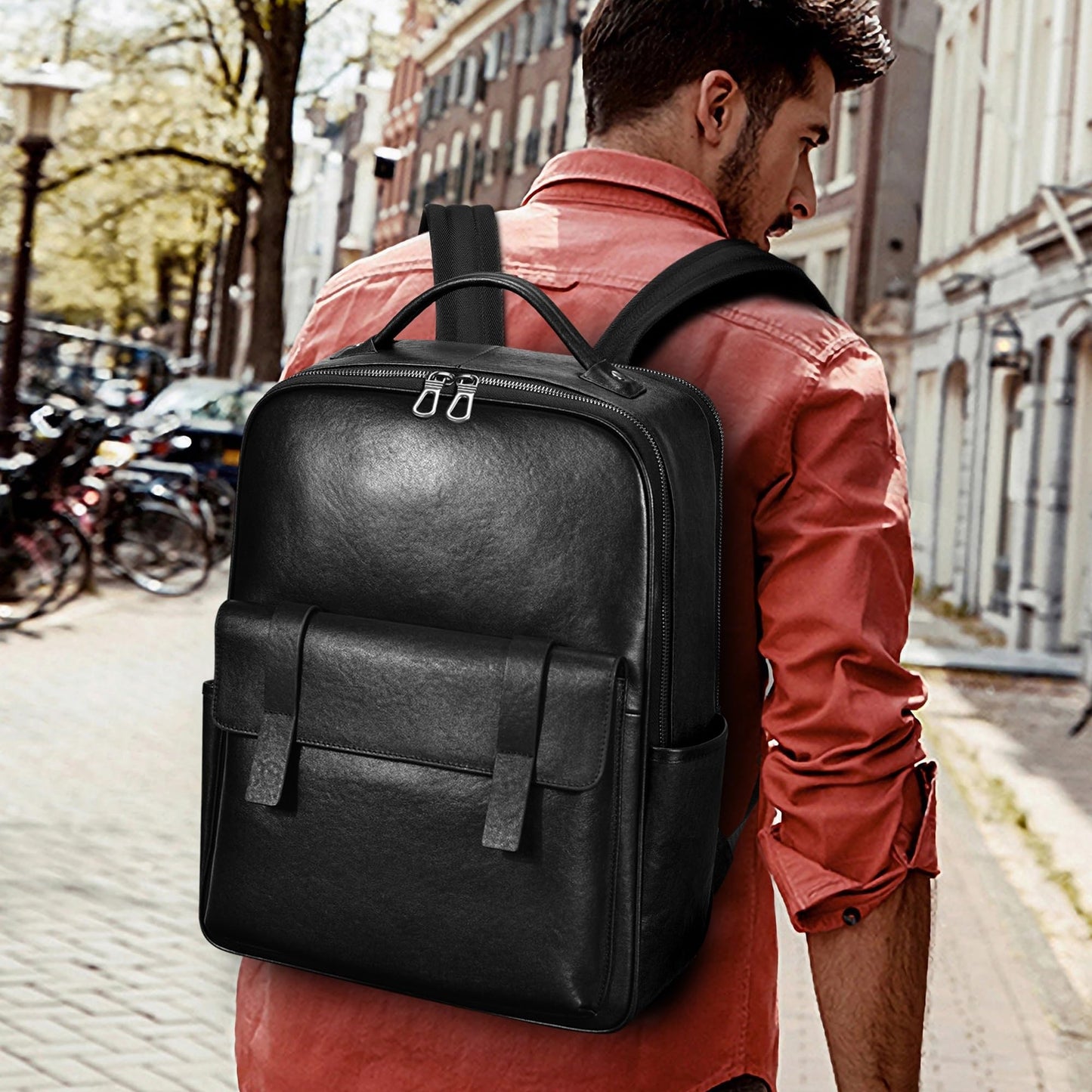 Colins Keirs Men's Black Leather Backpack for Work Travel, Durable Genuine Leather Laptop Backpack with 15.6-inch Computer Compartment, Stylish Professional Designer