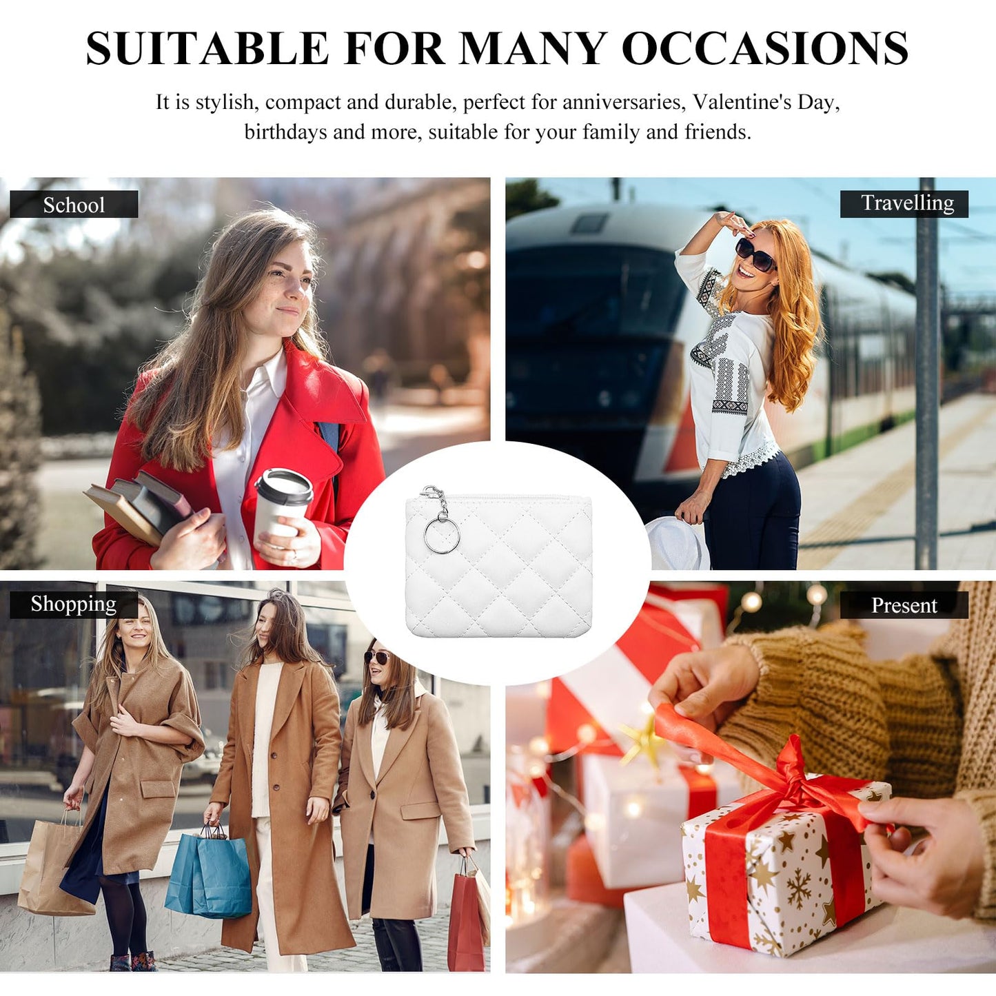 LJCZKA Coin Purse for Women Quilted Leather Mini Pouch Card Holder Top Zipper Coin Wallet Makeup Bag with Keychain (White)
