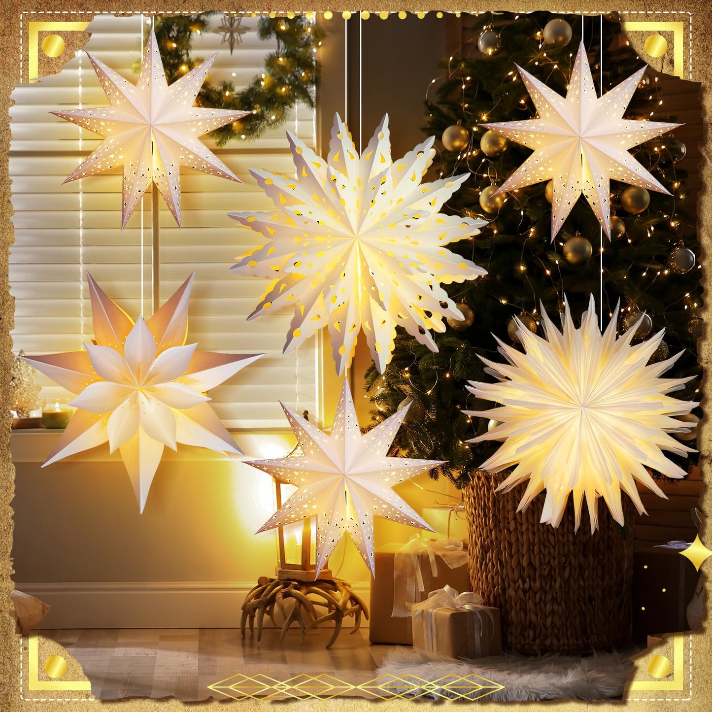 Watersay 6 Pack Winter Snowflake Paper Lantern Star Paper Lanterns with 6 LED Light White Hanging Lamp Ornaments for Christmas Winter Weddings Birthday Holiday Party Decoration(Classic Style)