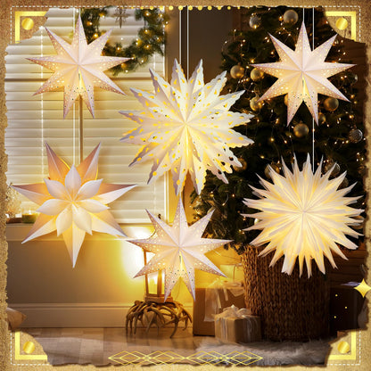 Watersay 6 Pack Winter Snowflake Paper Lantern Star Paper Lanterns with 6 LED Light White Hanging Lamp Ornaments for Christmas Winter Weddings Birthday Holiday Party Decoration(Classic Style)
