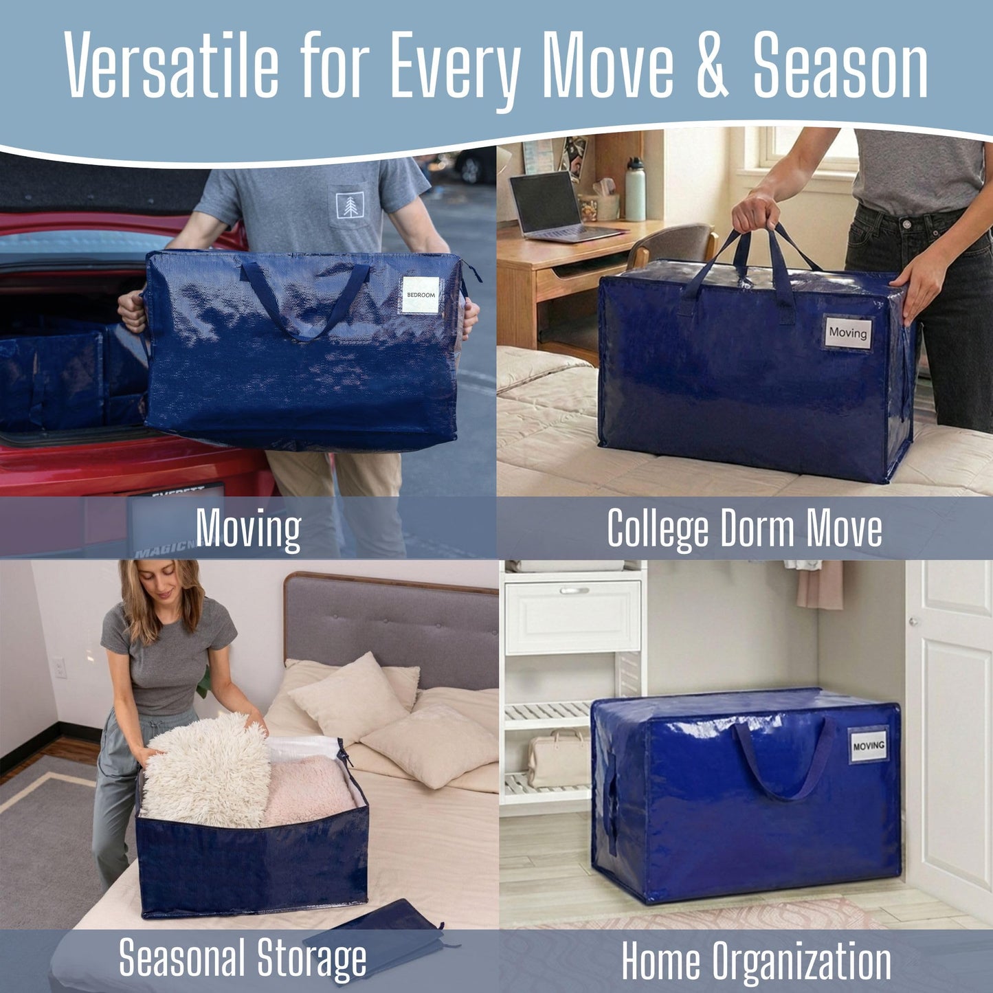 VENO 4 Pack Extra Large Heavy Duty Moving Bags with Wide Opening & Reinforced Handles, Reusable Storage Tote Bags with Strong Zippers for Clothes, College Dorm Essentials & Moving Supplies