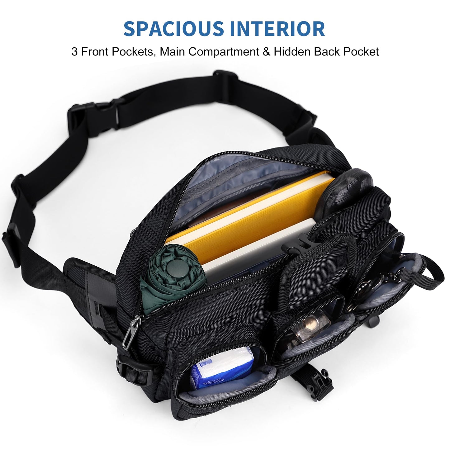 WITZMAN Fanny Pack for Men Fashion Waist Zipper Pack Bags Mens Belt Bag with Multi-pocket for Traveling Daily Walking（B733 Black）